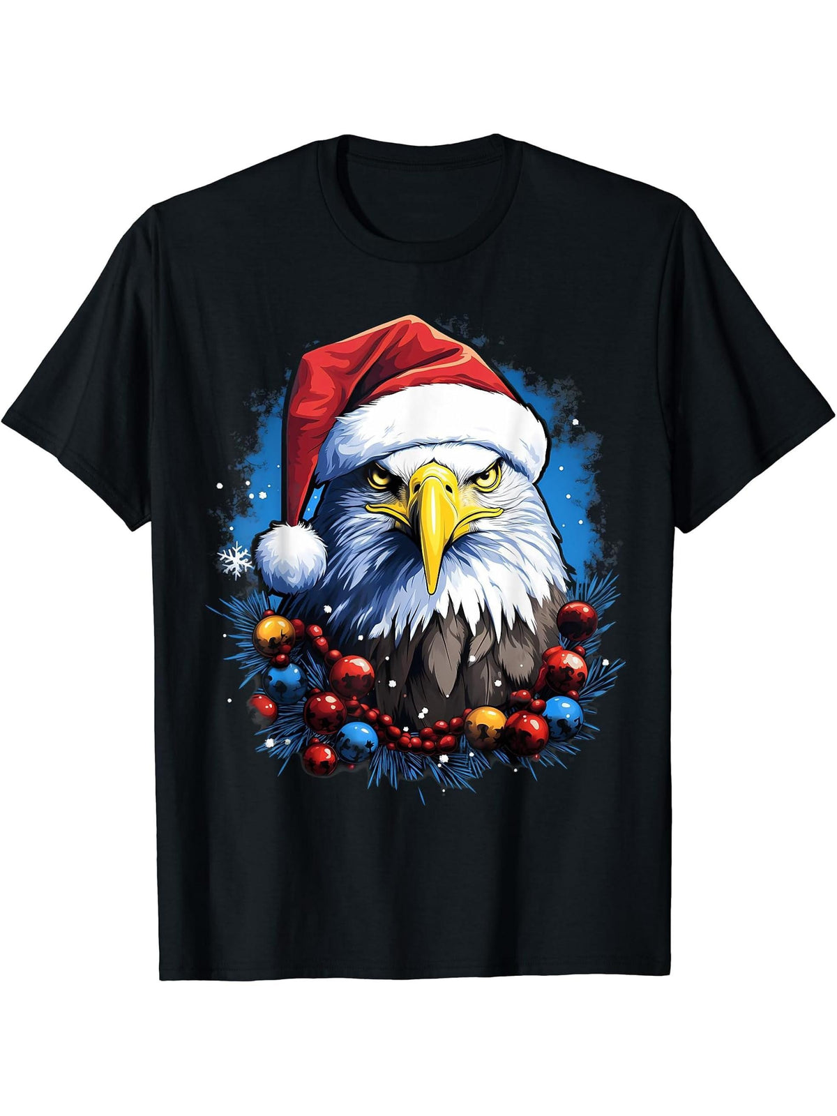 Xmas Bald Eagle Christmas T-Shirt 180G 100% Cotton Printed Round Neck Short-Sleeve T-Shirt, Gifts for Men Dad Husband Grandpa, S-XXXL, Black