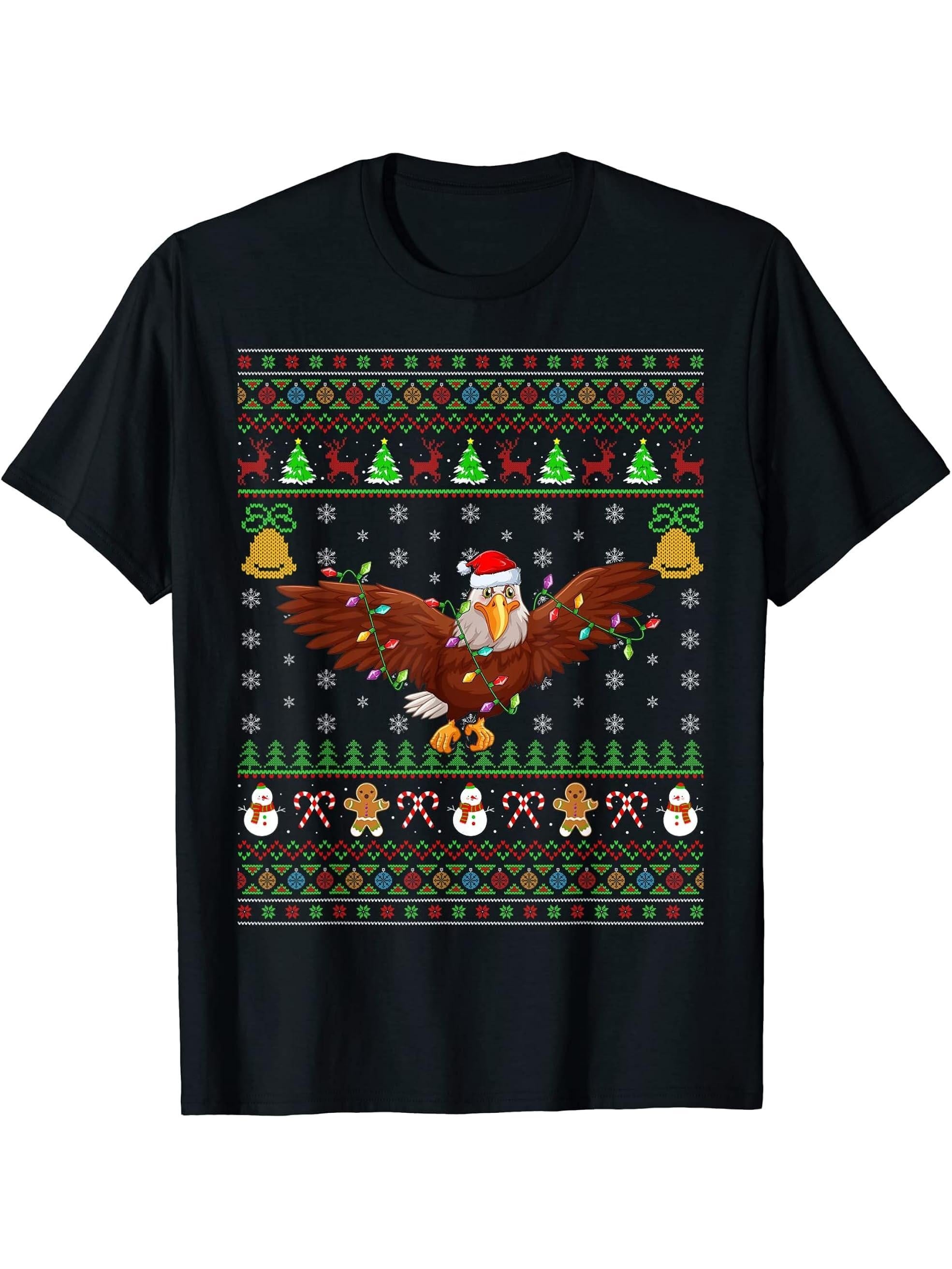 Eagle Bird Lover Lighting Santa Bald Eagle Ugly Christmas T-Shirt 180G 100% Cotton Printed Round Neck Short-Sleeve T-Shirt, Gifts for Men Dad Husband Grandpa, S-XXXL, Black