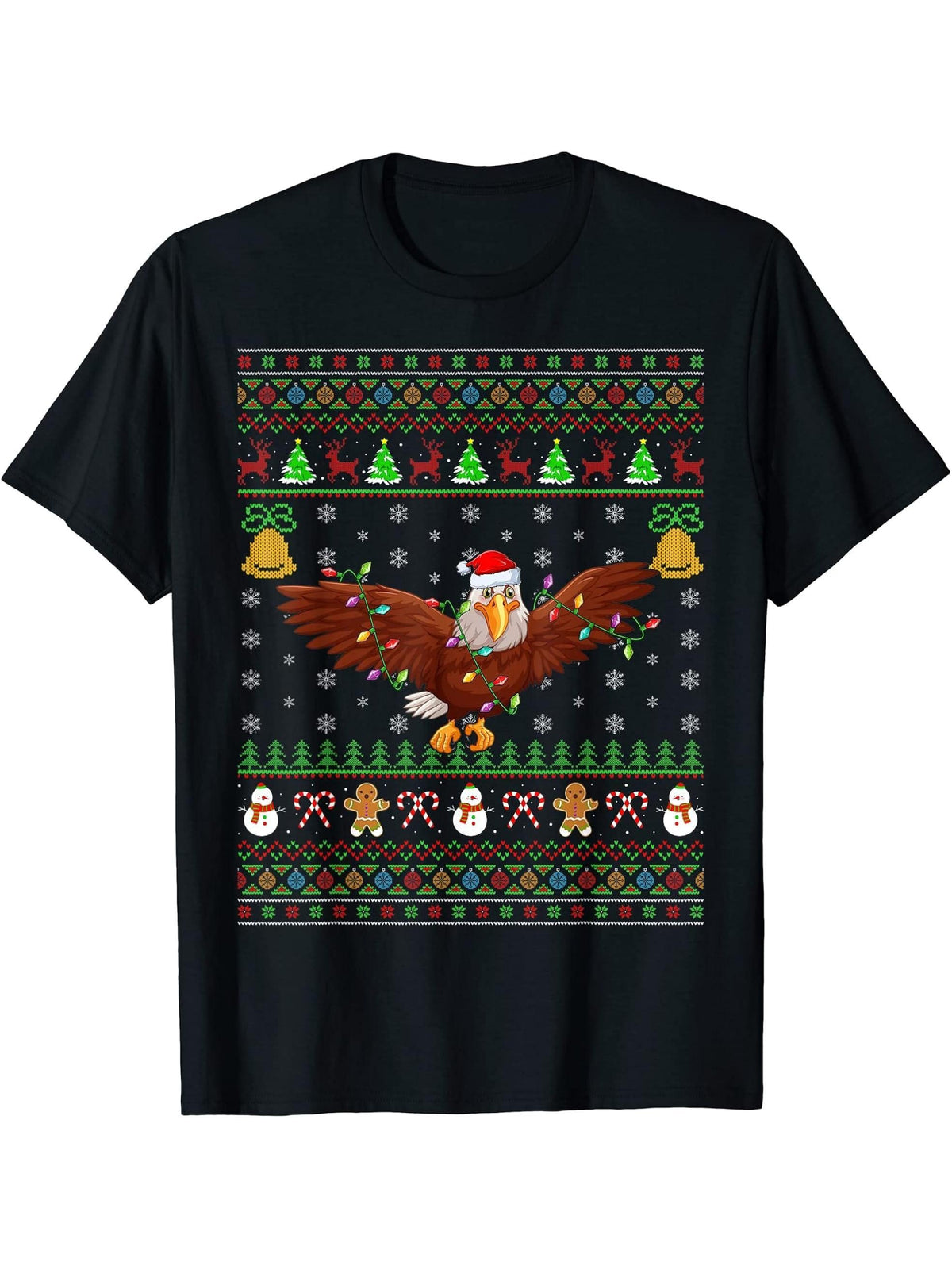Eagle Bird Lover Lighting Santa Bald Eagle Ugly Christmas T-Shirt 180G 100% Cotton Printed Round Neck Short-Sleeve T-Shirt, Gifts for Men Dad Husband Grandpa, S-XXXL, Black