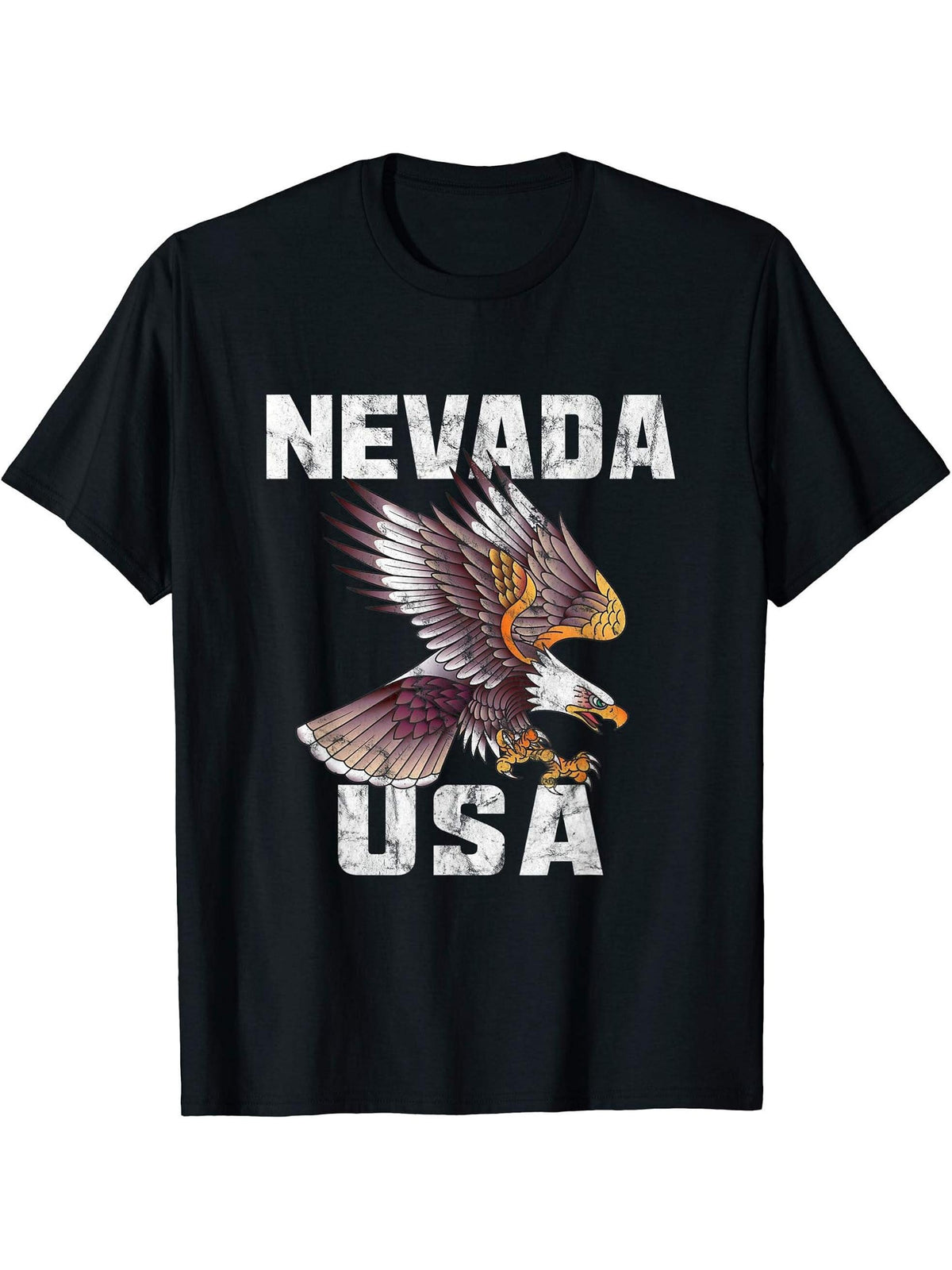 Retro Distressed Nevada USA Bald Eagle Gift T-Shirt 180G 100% Cotton Printed Round Neck Short-Sleeve T-Shirt, Gifts for Men Dad Husband Grandpa, S-XXXL, Black