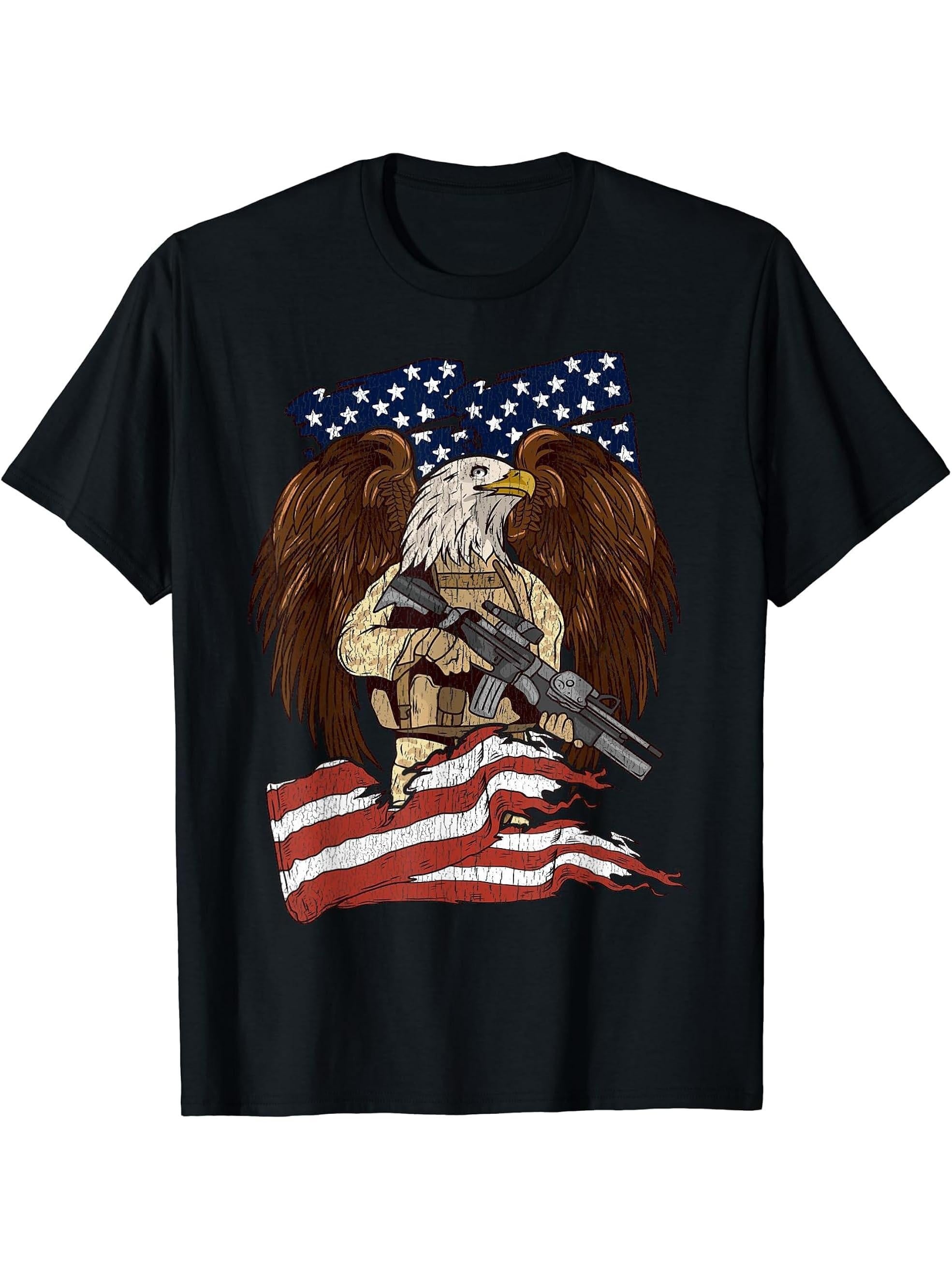 Military Veteran American Bald Eagle Apparel For Men T-Shirt 180G 100% Cotton Printed Round Neck Short-Sleeve T-Shirt, Gifts for Men Dad Husband Grandpa, S-XXXL, Black