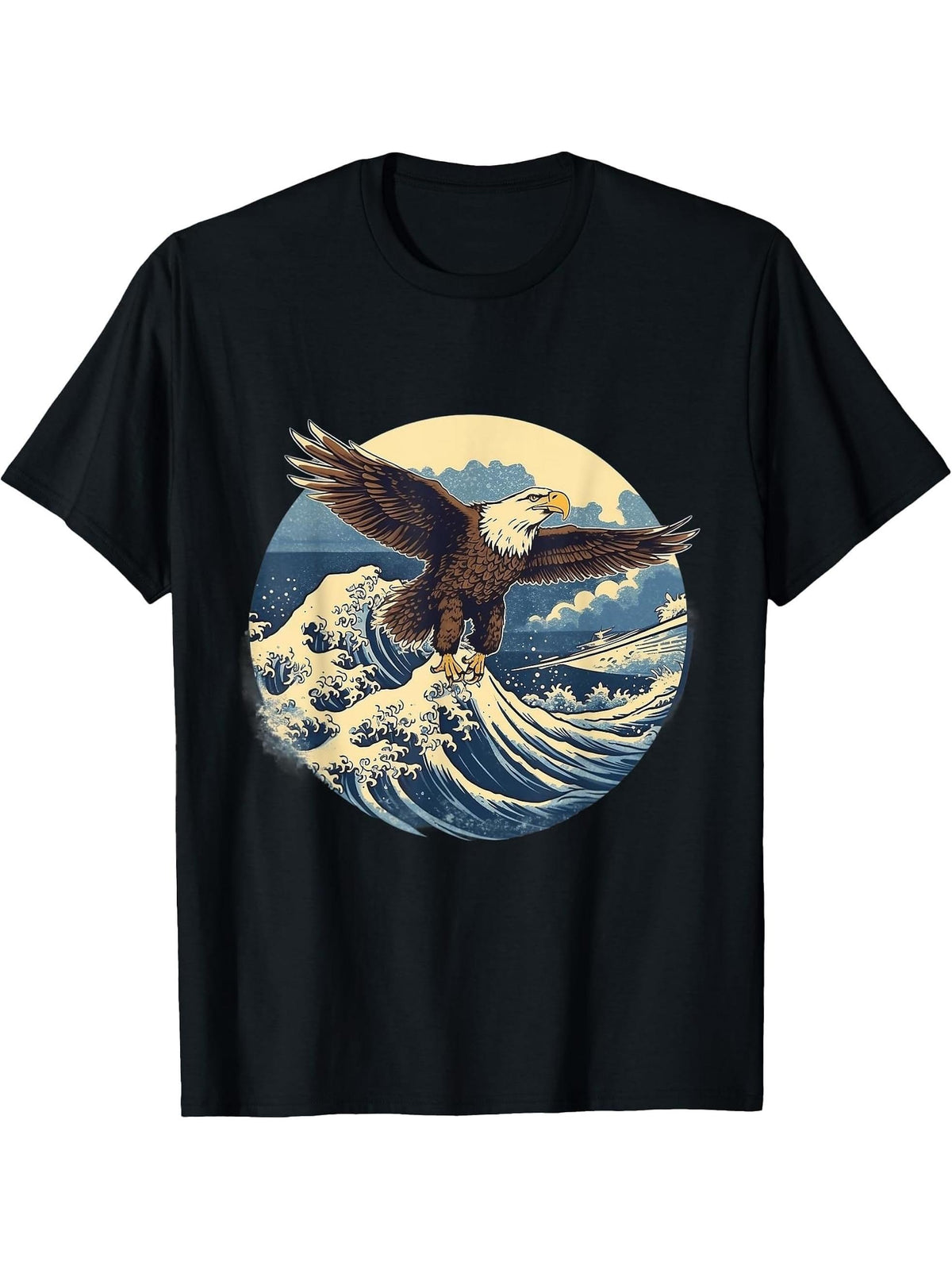 The Great Wave Of Kanagawa Bald Eagle T-Shirt 180G 100% Cotton Printed Round Neck Short-Sleeve T-Shirt, Gifts for Men Dad Husband Grandpa, S-XXXL, Black