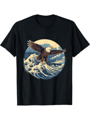 The Great Wave Of Kanagawa Bald Eagle T-Shirt 180G 100% Cotton Printed Round Neck Short-Sleeve T-Shirt, Gifts for Men Dad Husband Grandpa, S-XXXL, Black