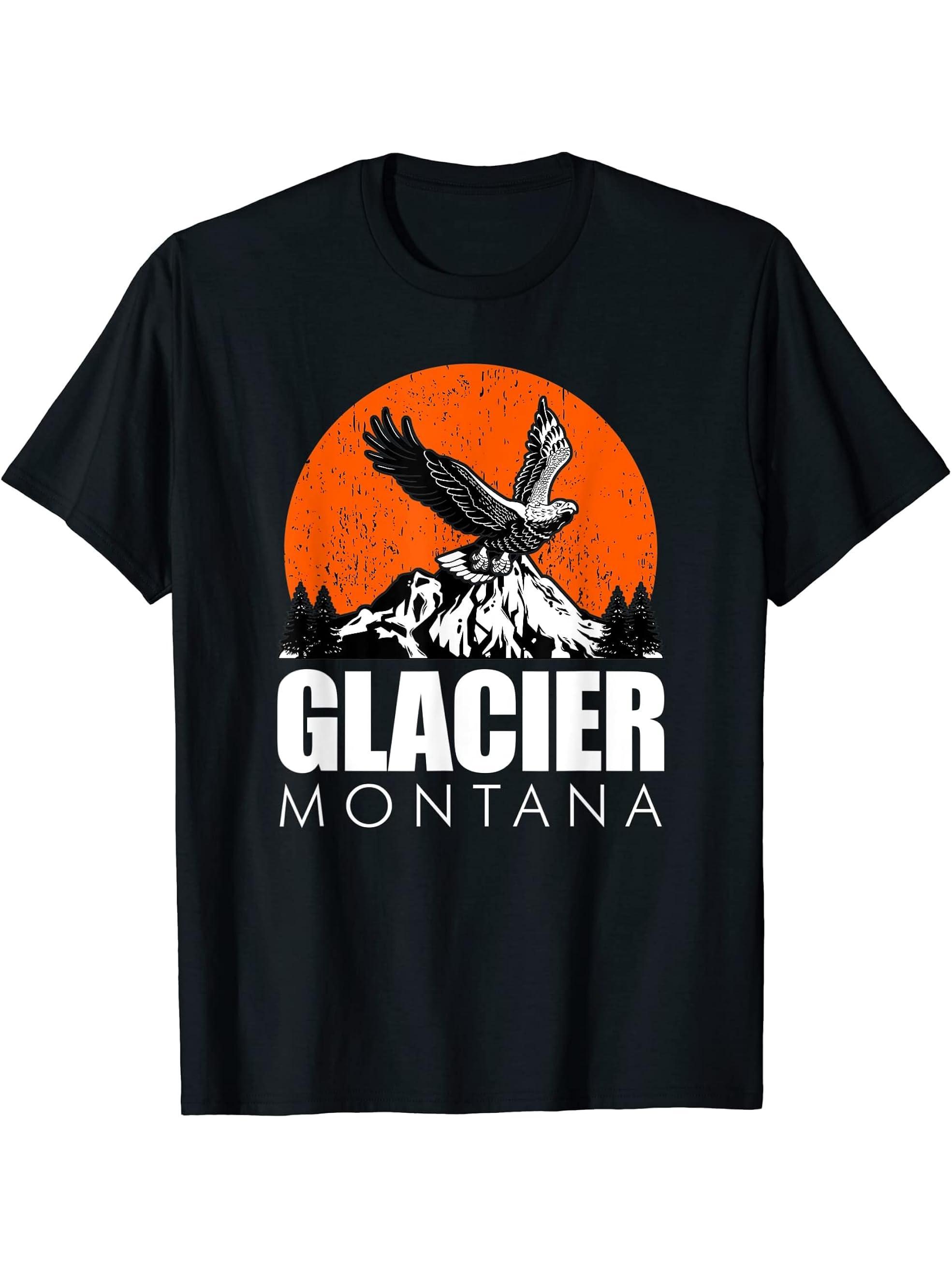 Glacier Montana Bald Eagle T-Shirt 180G 100% Cotton Printed Round Neck Short-Sleeve T-Shirt, Gifts for Men Dad Husband Grandpa, S-XXXL, Black