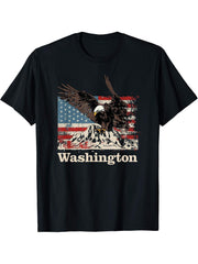 American Bald Eagle Flag Washington Souvenir T-Shirt 180G 100% Cotton Printed Round Neck Short-Sleeve T-Shirt, Gifts for Men Dad Husband Grandpa, S-XXXL, Black