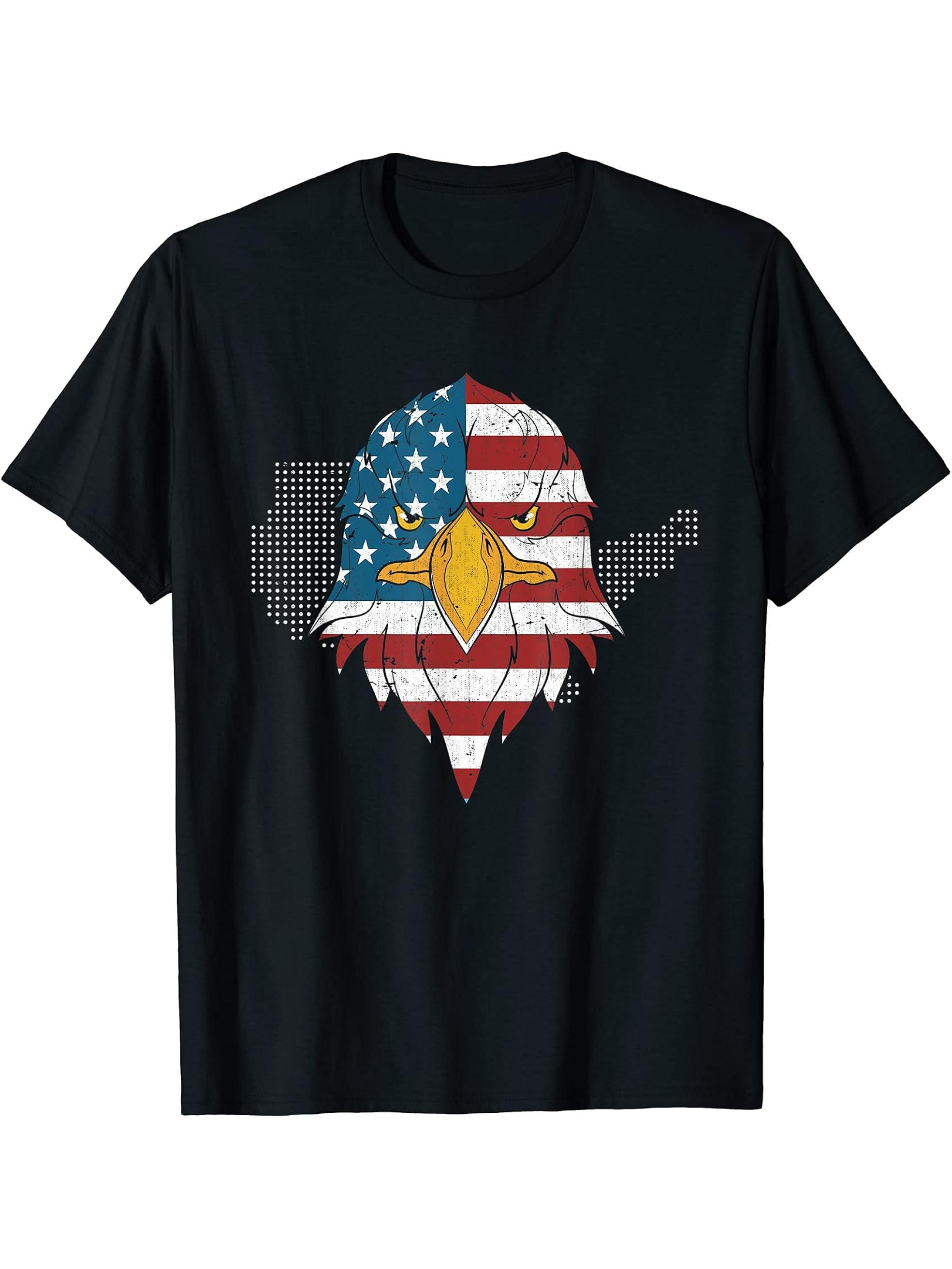 USA Flag Freedom Patriotic American Bald Eagle Liberty Eagle T-Shirt 180G 100% Cotton Printed Round Neck Short-Sleeve T-Shirt, Gifts for Men Dad Husband Grandpa, S-XXXL, Black