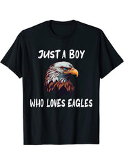 Just a Boy Who Loves Eagles American Bald Eagle T-Shirt 180G 100% Cotton Printed Round Neck Short-Sleeve T-Shirt, Gifts for Men Dad Husband Grandpa, S-XXXL, Black
