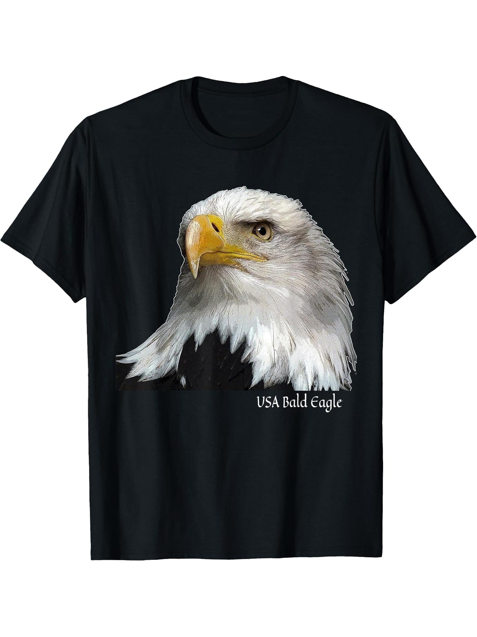 USA Bald Eagle One-eyed Portrait T-Shirt 180G 100% Cotton Printed Round Neck Short-Sleeve T-Shirt, Gifts for Men Dad Husband Grandpa, S-XXXL, Black