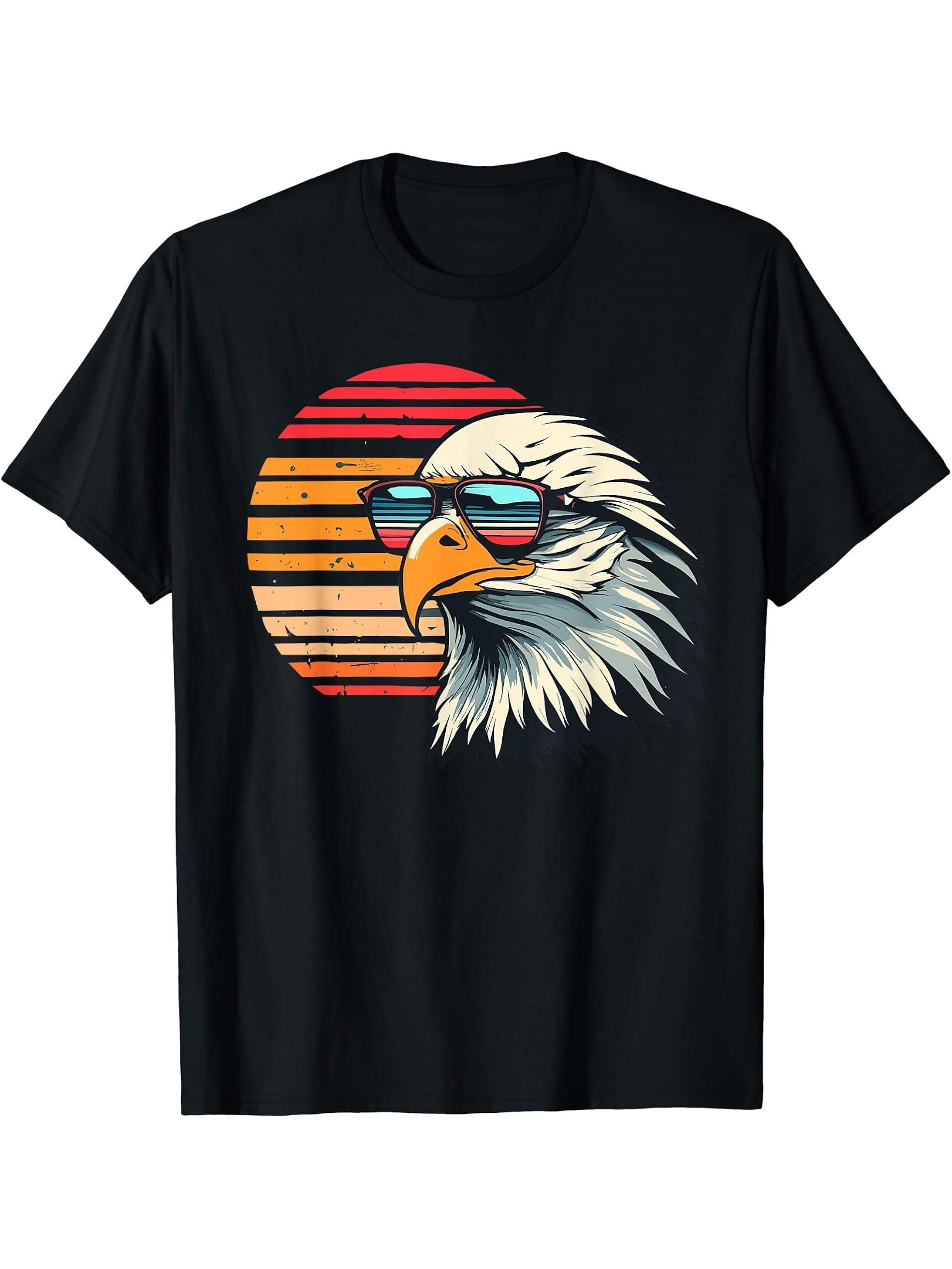 Vintage Eagle with Sunglasses - Retro American Bald Eagle T-Shirt 180G 100% Cotton Printed Round Neck Short-Sleeve T-Shirt, Gifts for Men Dad Husband Grandpa, S-XXXL, Black