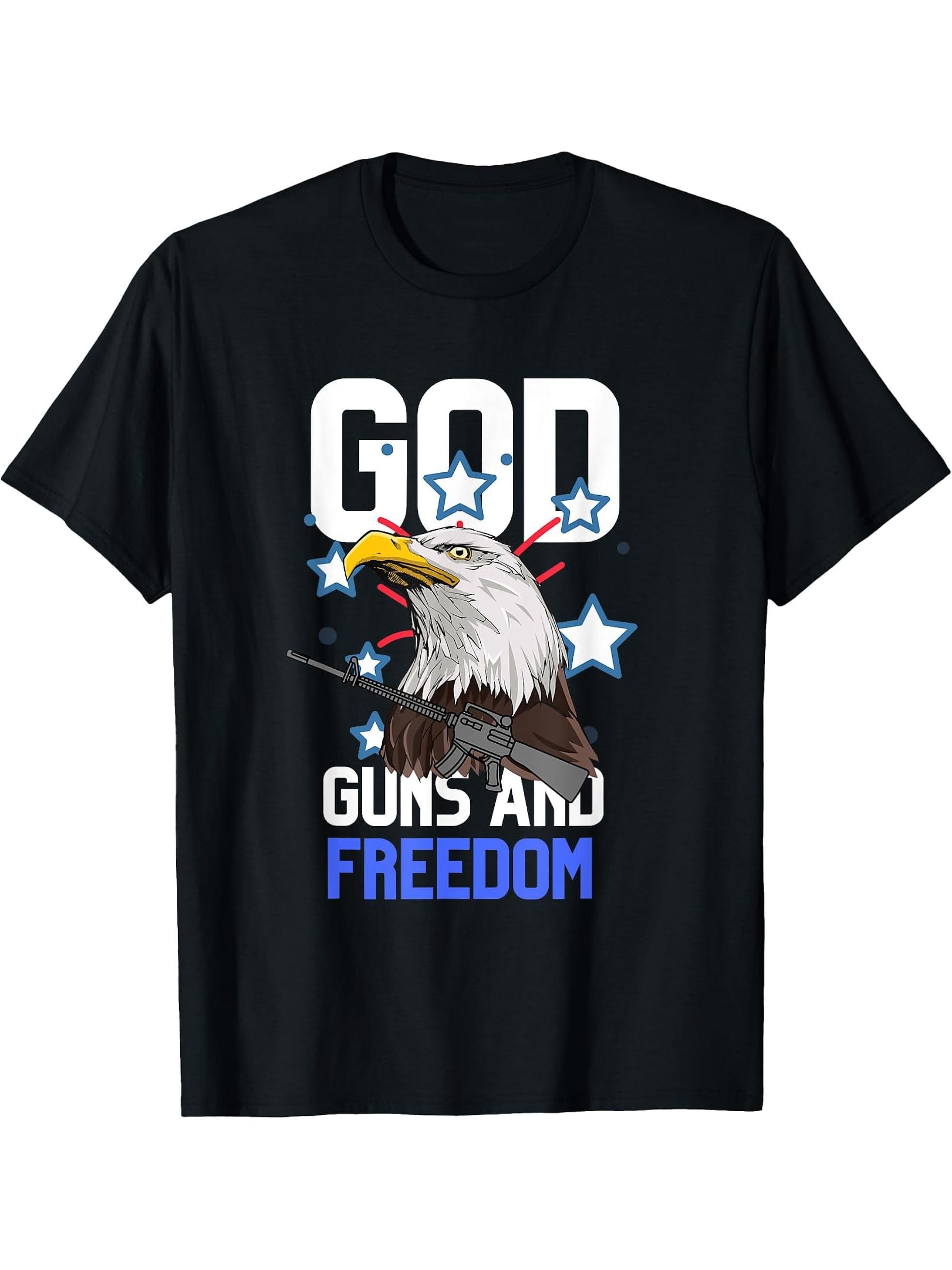 God Guns And Freedom 2nd Amendment American Bald Eagle Gift T-Shirt 180G 100% Cotton Printed Round Neck Short-Sleeve T-Shirt, Gifts for Men Dad Husband Grandpa, S-XXXL, Black