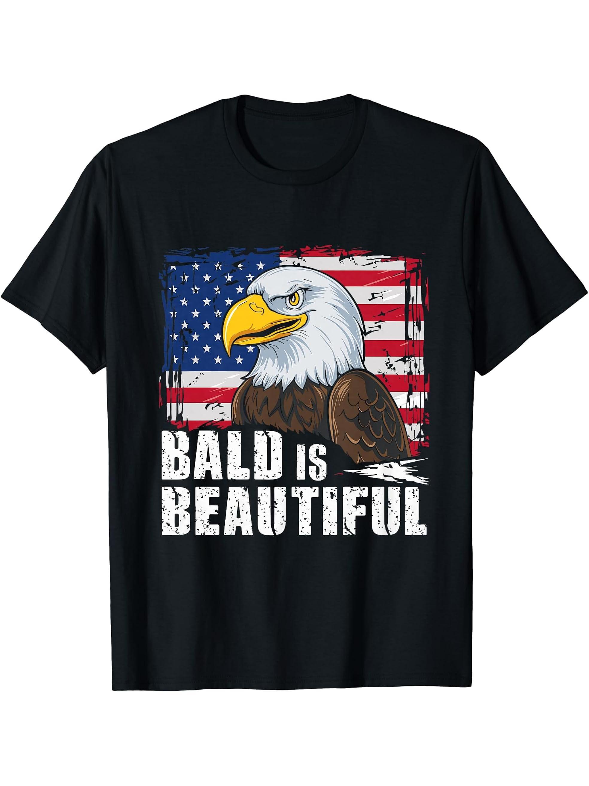 Bald Is Beautiful 4th of July Bald Eagle Independence Day T-Shirt 180G 100% Cotton Printed Round Neck Short-Sleeve T-Shirt, Gifts for Men Dad Husband Grandpa, S-XXXL, Black
