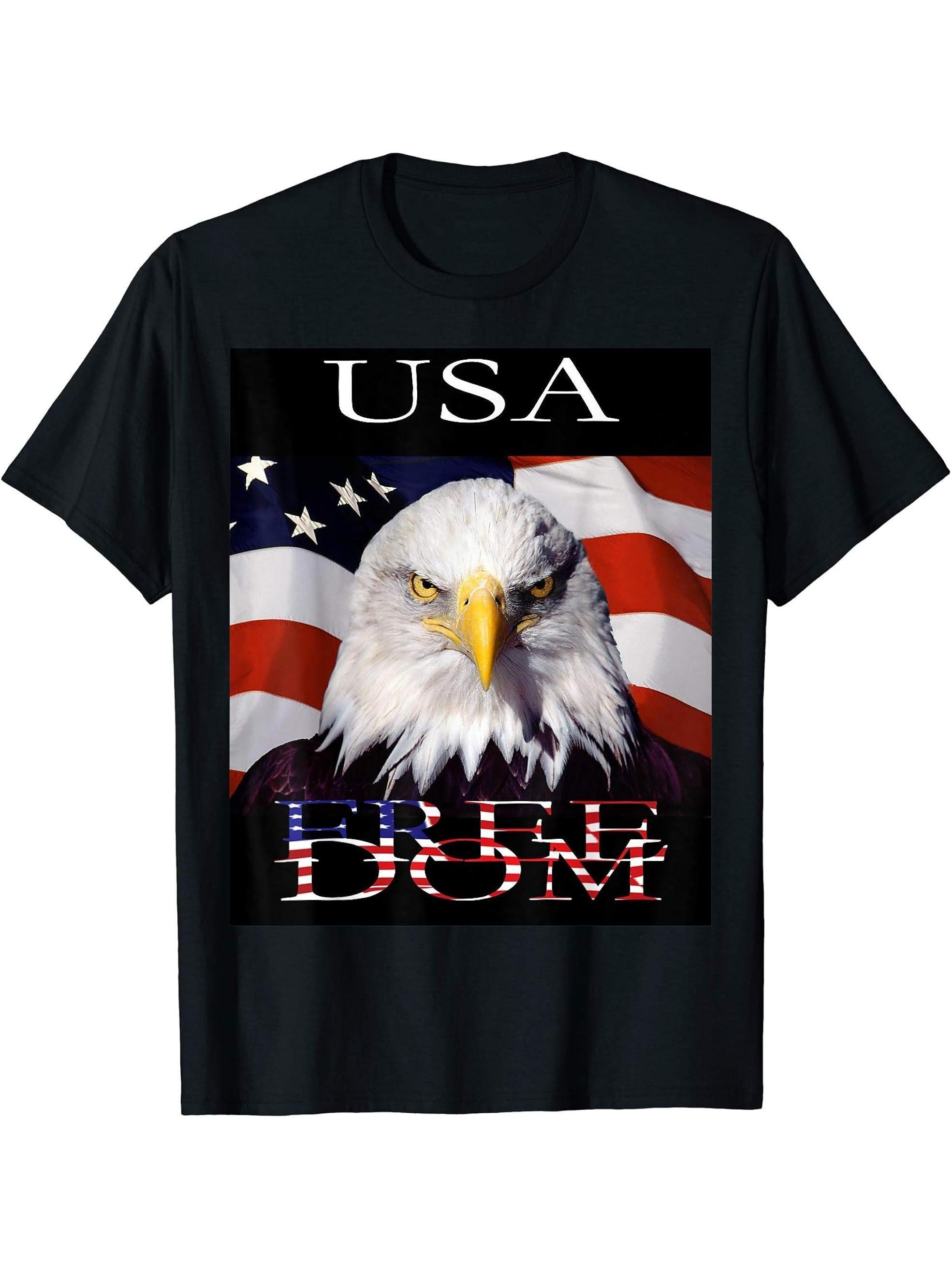 Free American Day bald Eagle T-Shirt 180G 100% Cotton Printed Round Neck Short-Sleeve T-Shirt, Gifts for Men Dad Husband Grandpa, S-XXXL, Black