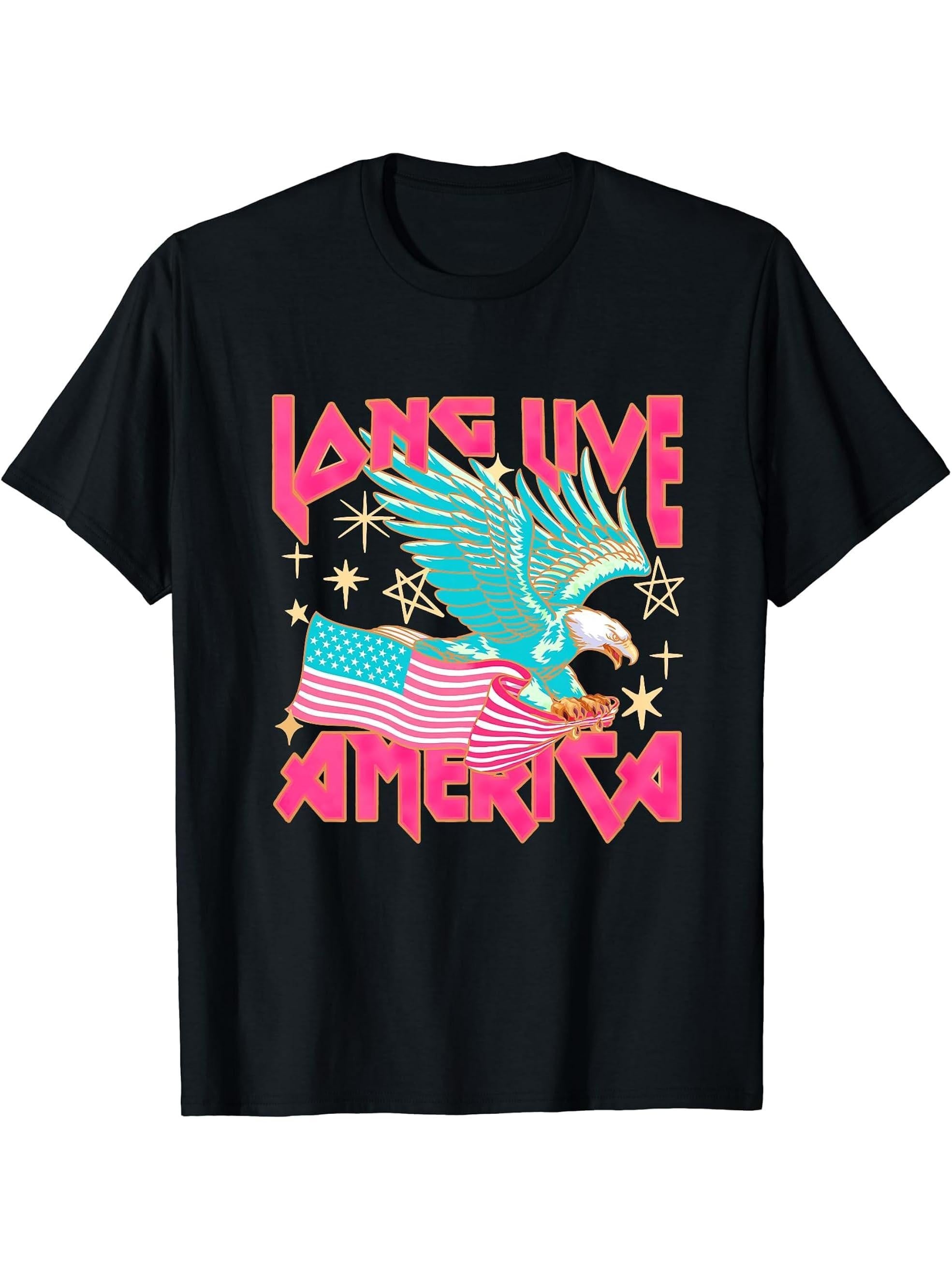 Long Live America Eagle Bald American Patriotic 4th Of July T-Shirt 180G 100% Cotton Printed Round Neck Short-Sleeve T-Shirt, Gifts for Men Dad Husband Grandpa, S-XXXL, Black