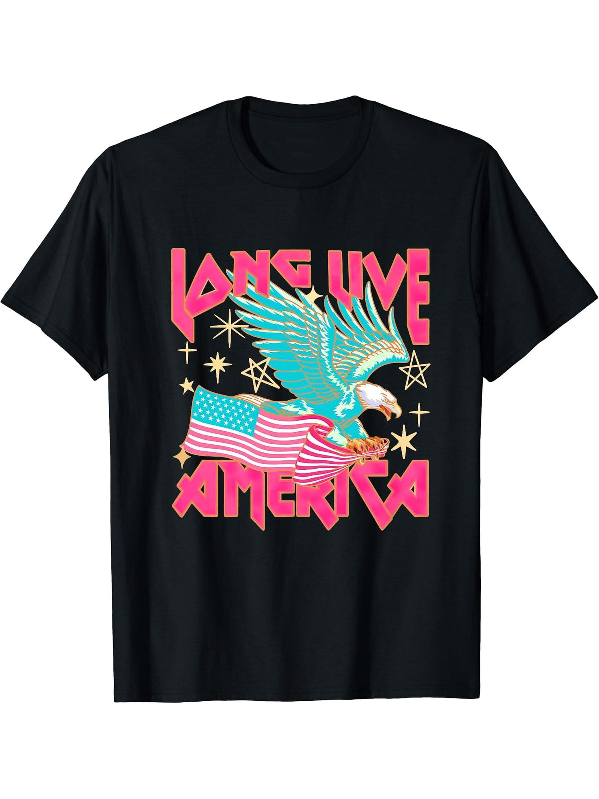 Long Live America Eagle Bald American Patriotic 4th Of July T-Shirt 180G 100% Cotton Printed Round Neck Short-Sleeve T-Shirt, Gifts for Men Dad Husband Grandpa, S-XXXL, Black