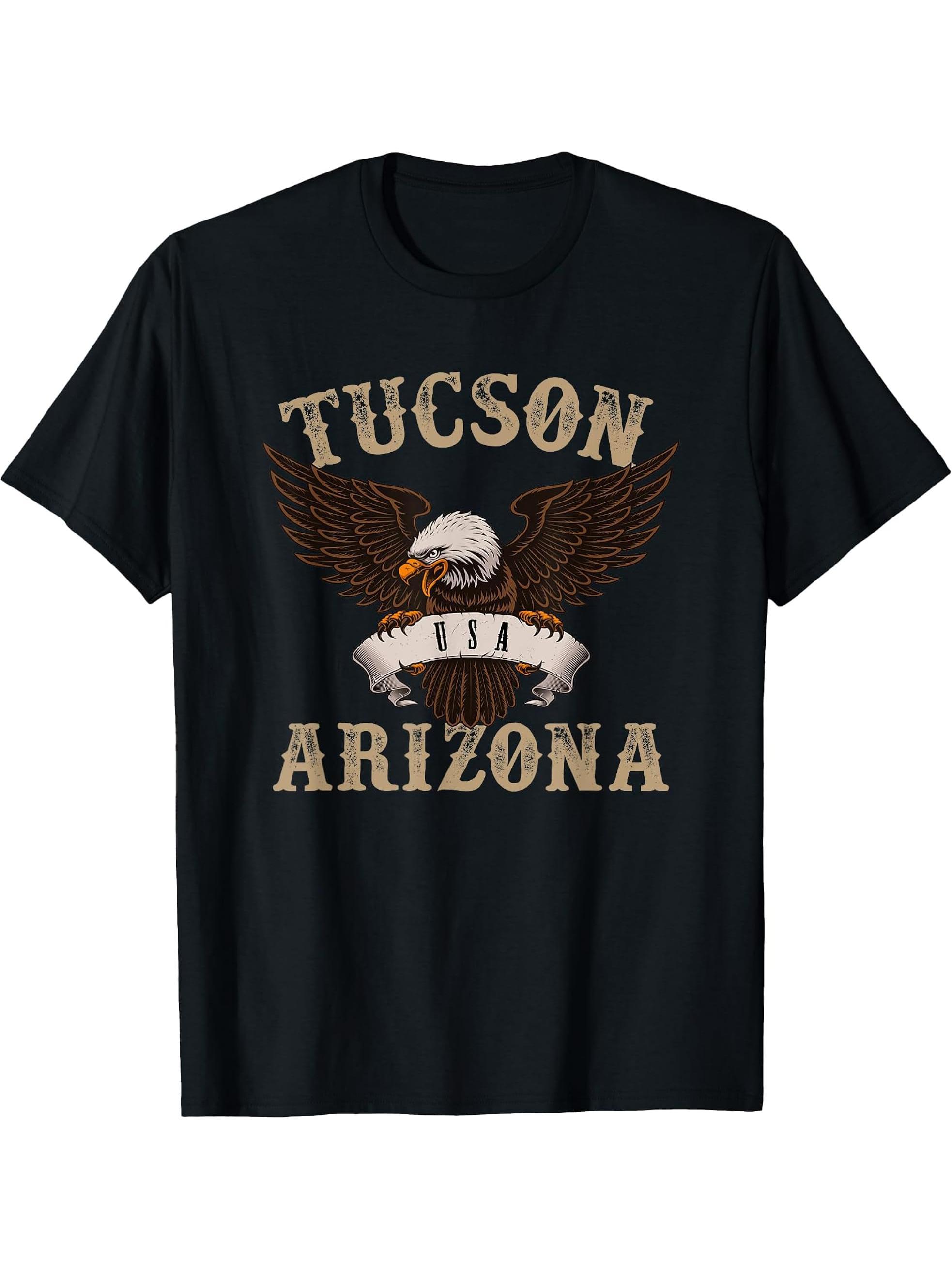 Tucson Arizona USA Bald Eagle T-Shirt 180G 100% Cotton Printed Round Neck Short-Sleeve T-Shirt, Gifts for Men Dad Husband Grandpa, S-XXXL, Black