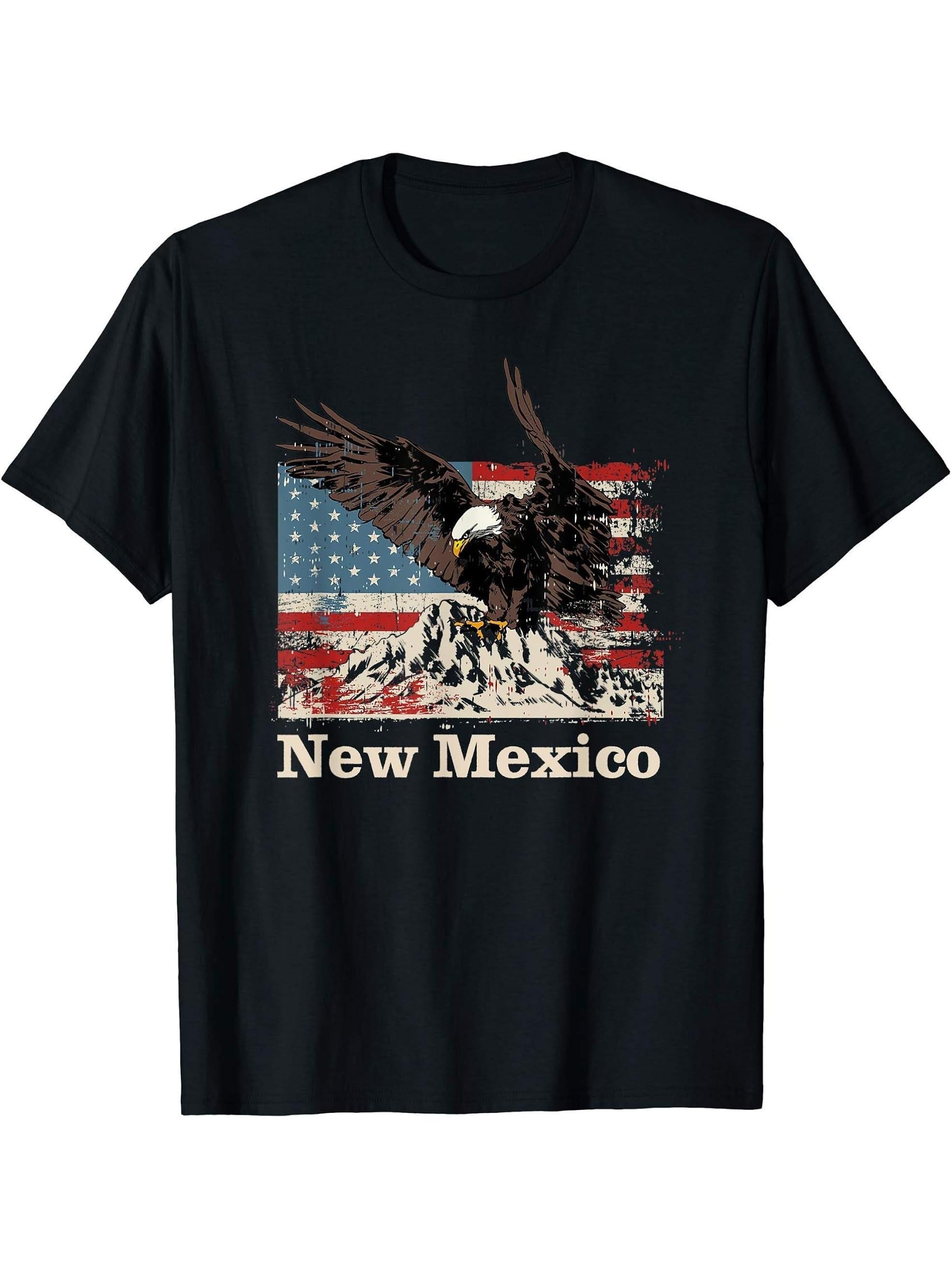 American Bald Eagle Flag New Mexico Souvenir T-Shirt 180G 100% Cotton Printed Round Neck Short-Sleeve T-Shirt, Gifts for Men Dad Husband Grandpa, S-XXXL, Black