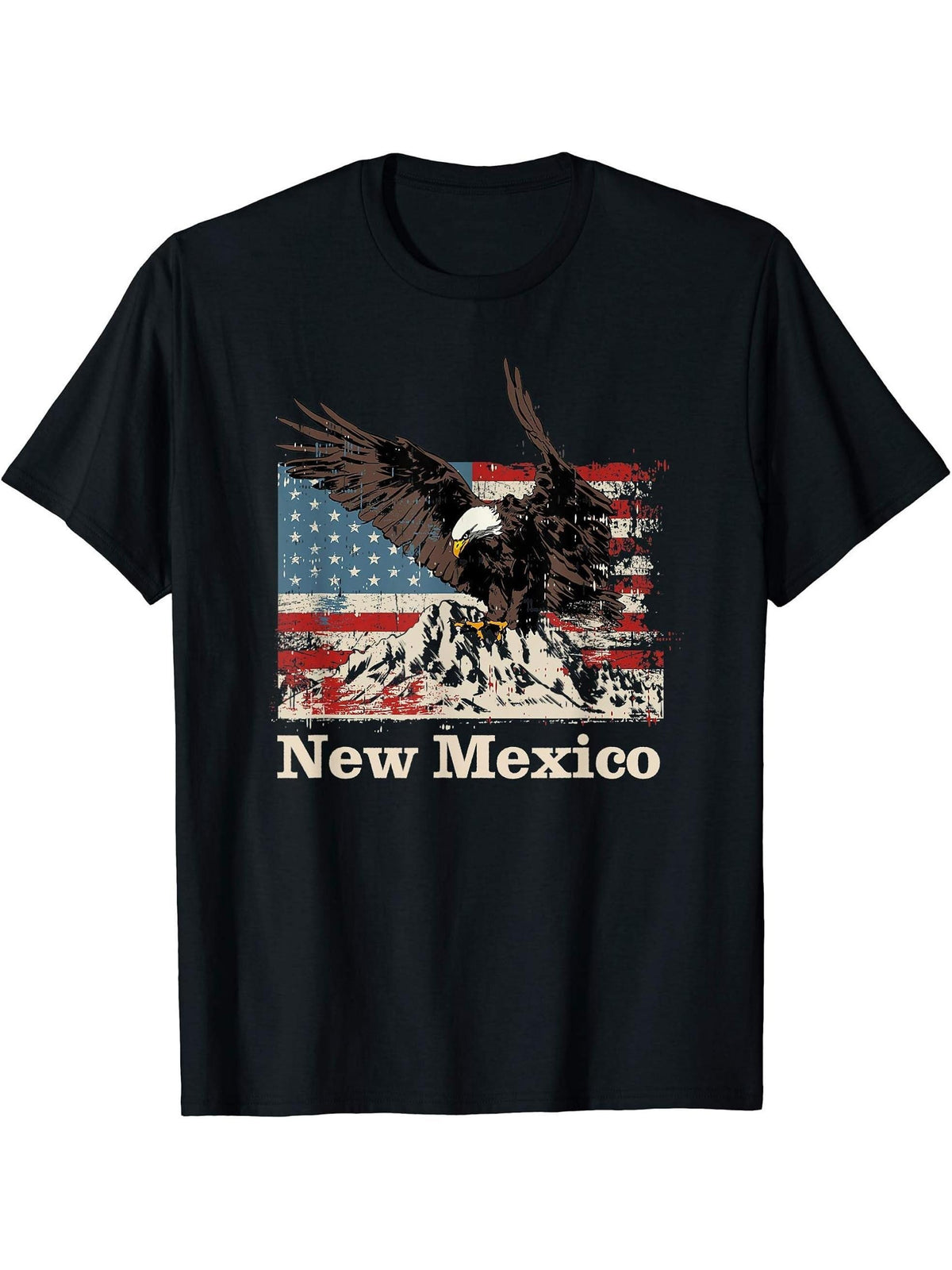 American Bald Eagle Flag New Mexico Souvenir T-Shirt 180G 100% Cotton Printed Round Neck Short-Sleeve T-Shirt, Gifts for Men Dad Husband Grandpa, S-XXXL, Black