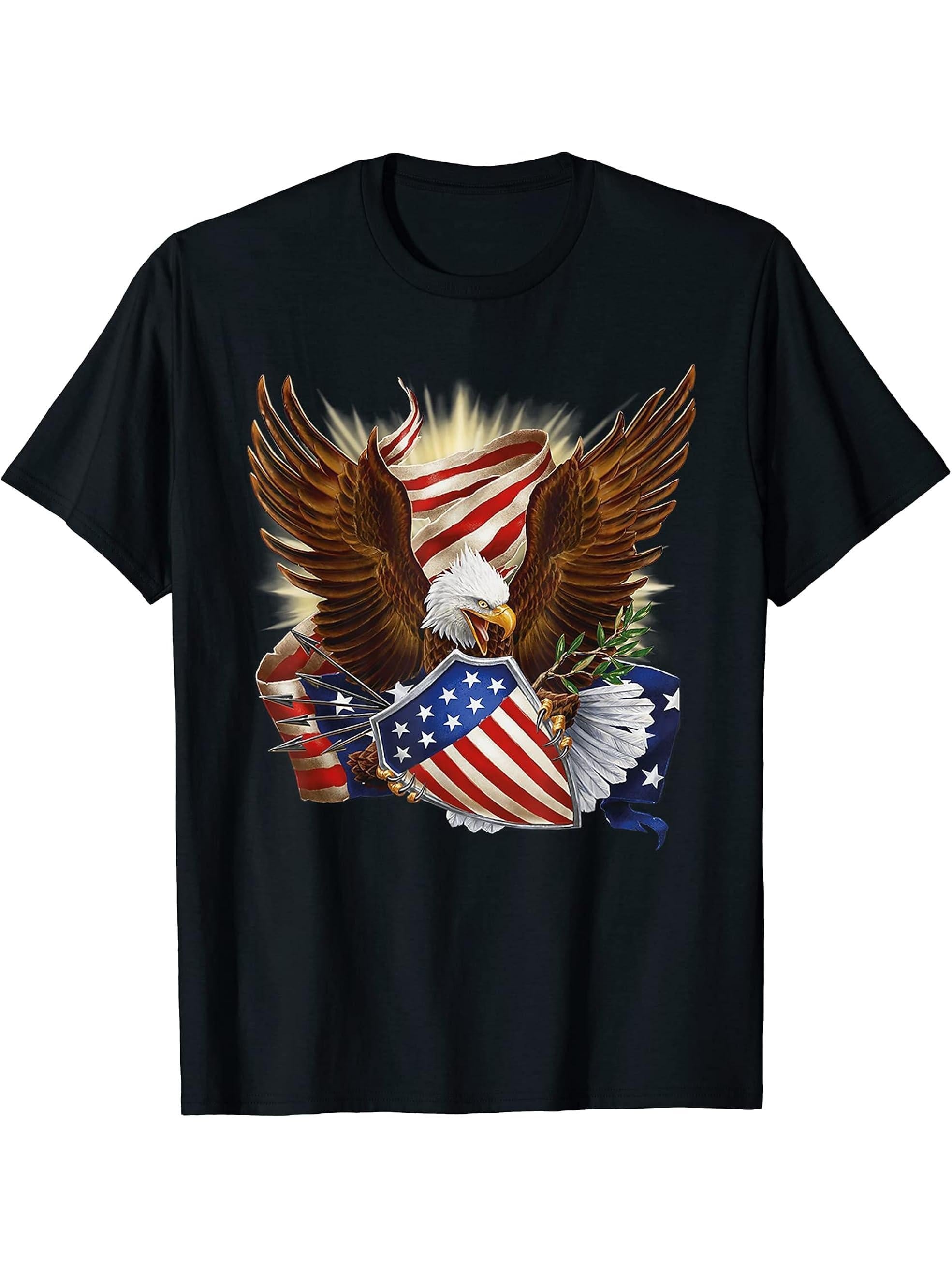 United States Army Bald Eagle and Flag T-Shirt 180G 100% Cotton Printed Round Neck Short-Sleeve T-Shirt, Gifts for Men Dad Husband Grandpa, S-XXXL, Black