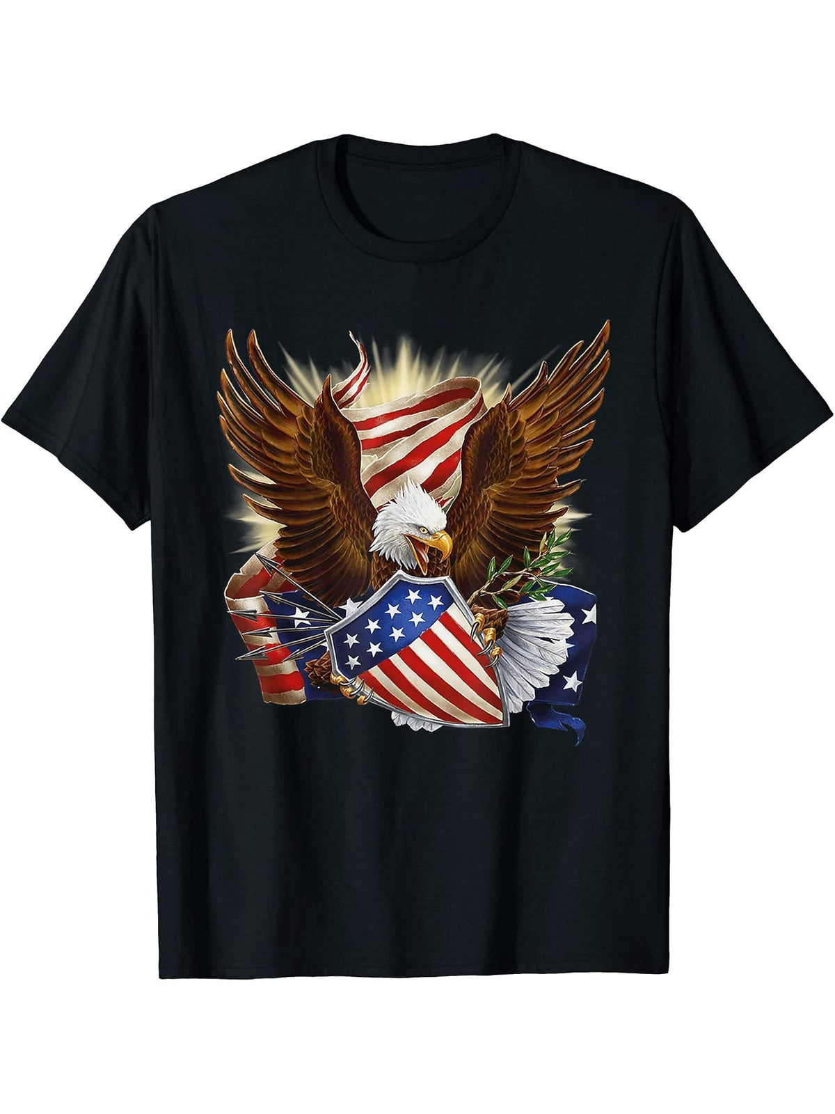 United States Army Bald Eagle and Flag T-Shirt 180G 100% Cotton Printed Round Neck Short-Sleeve T-Shirt, Gifts for Men Dad Husband Grandpa, S-XXXL, Black