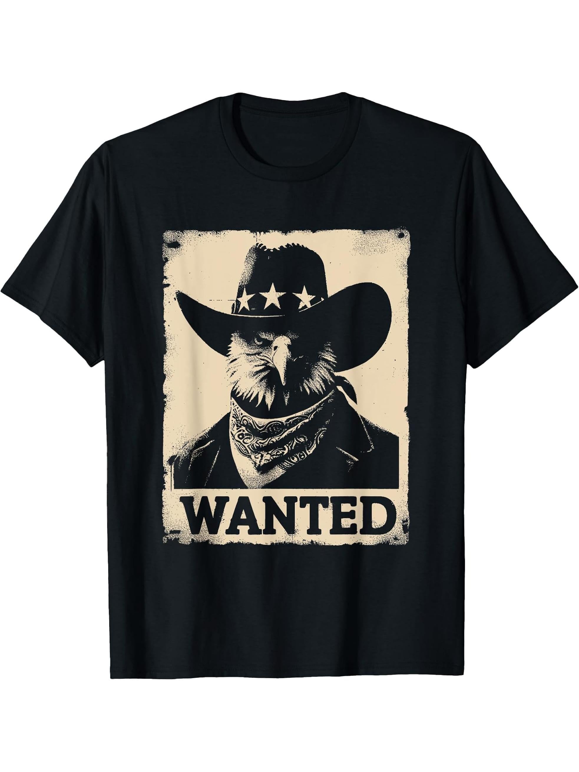 Wanted Bald Eagle - Funny Wanted Cowboy Eagle Bird Face T-Shirt 180G 100% Cotton Printed Round Neck Short-Sleeve T-Shirt, Gifts for Men Dad Husband Grandpa, S-XXXL, Black