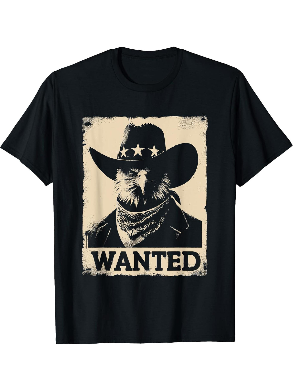 Wanted Bald Eagle - Funny Wanted Cowboy Eagle Bird Face T-Shirt 180G 100% Cotton Printed Round Neck Short-Sleeve T-Shirt, Gifts for Men Dad Husband Grandpa, S-XXXL, Black