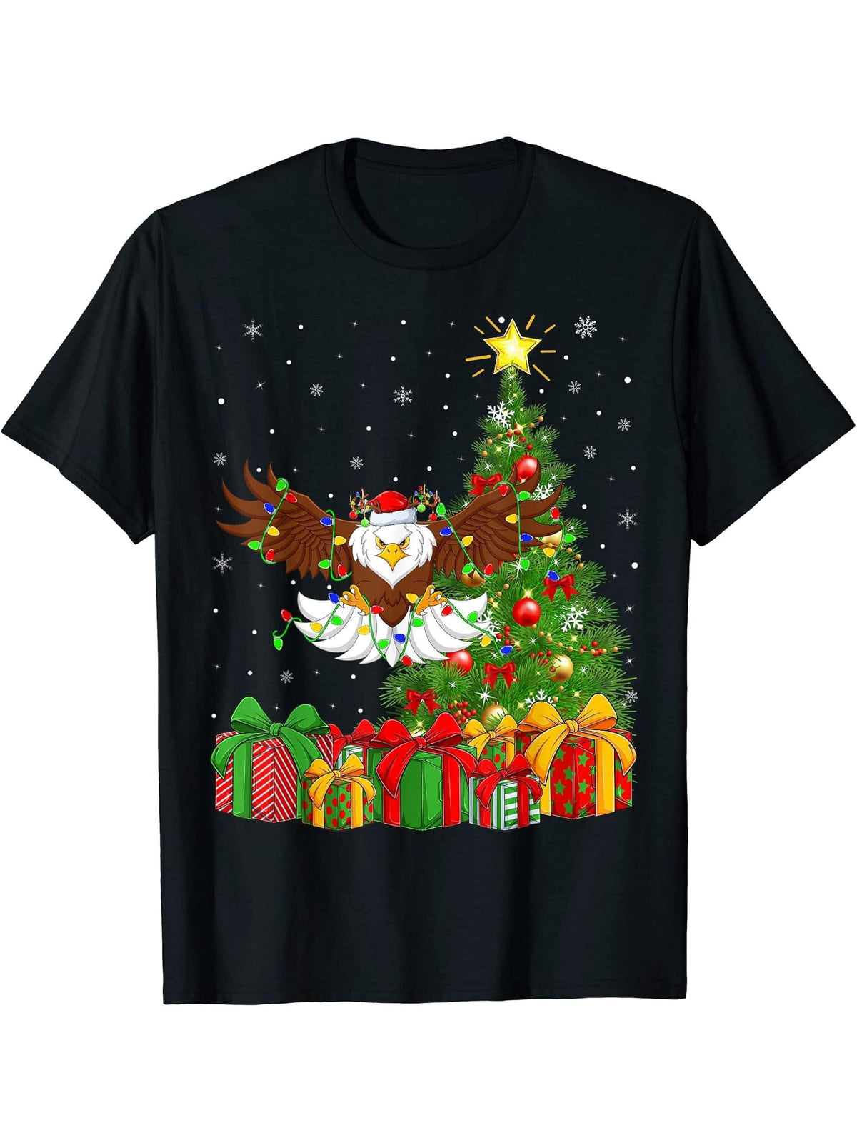 Bald Eagle Lighting Xmas Tree Santa Hat Bald Eagle Christmas T-Shirt 180G 100% Cotton Printed Round Neck Short-Sleeve T-Shirt, Gifts for Men Dad Husband Grandpa, S-XXXL, Black