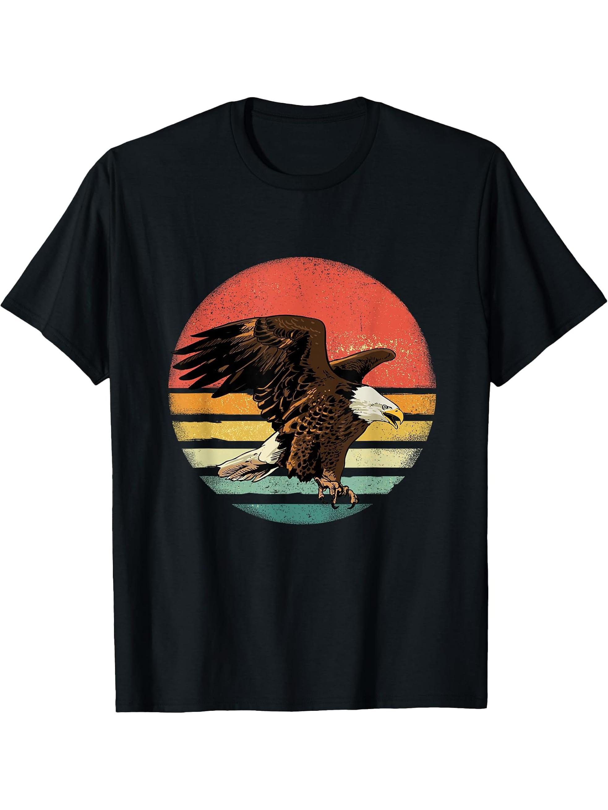 Retro Vintage Sunset Bald Eagle - Eagle Lover T-Shirt 180G 100% Cotton Printed Round Neck Short-Sleeve T-Shirt, Gifts for Men Dad Husband Grandpa, S-XXXL, Black