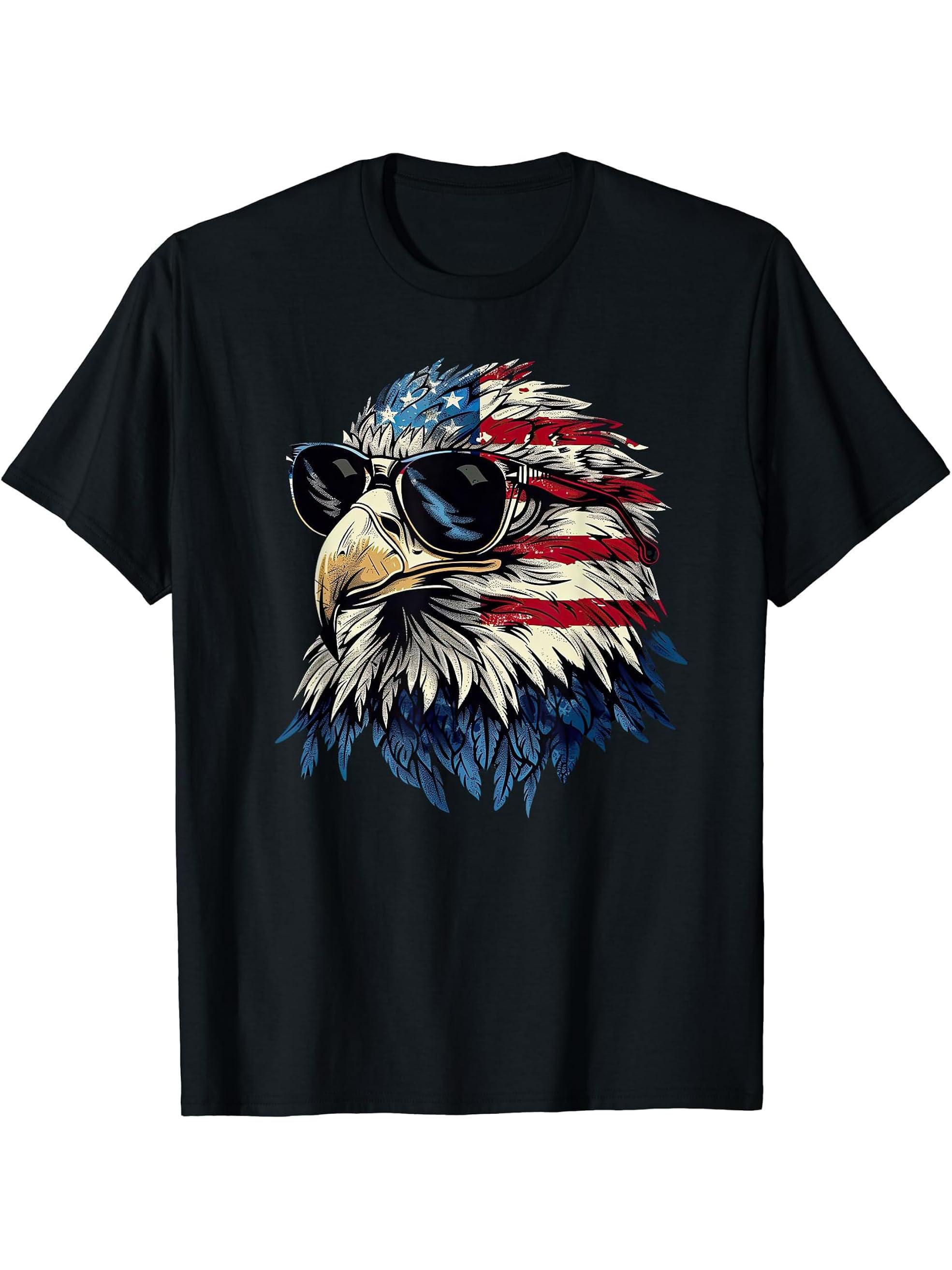 American Bald Eagle, American Flag, Cool T-Shirt 180G 100% Cotton Printed Round Neck Short-Sleeve T-Shirt, Gifts for Men Dad Husband Grandpa, S-XXXL, Black