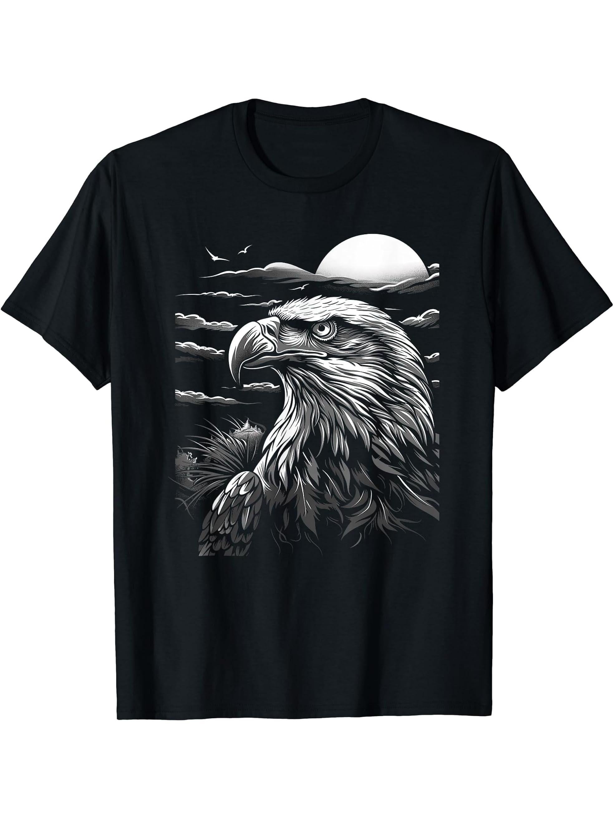 American Bald Eagle, American Flag, Cool T-Shirt 180G 100% Cotton Printed Round Neck Short-Sleeve T-Shirt, Gifts for Men Dad Husband Grandpa, S-XXXL, Black