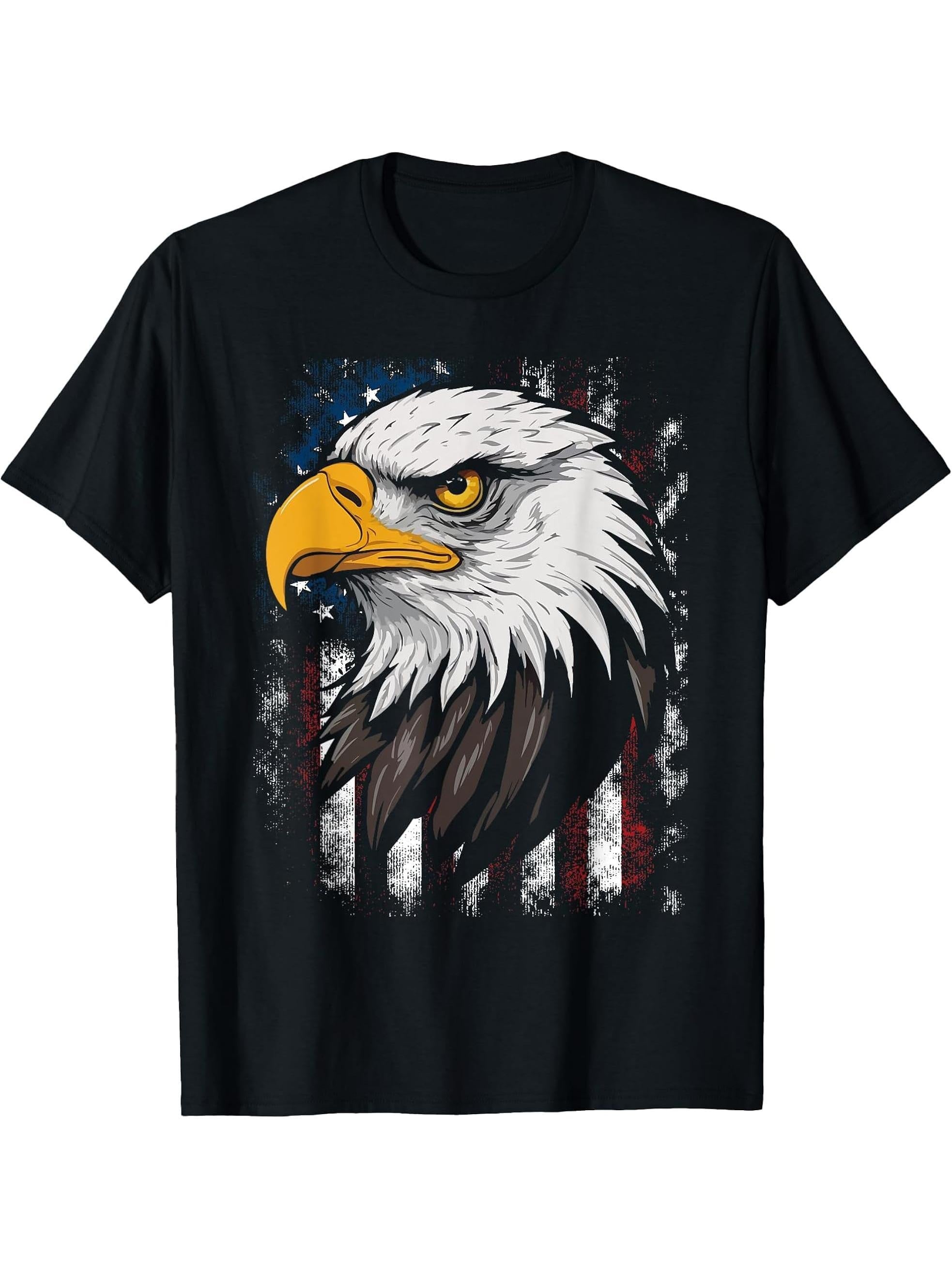Bald Eagle Proud Patriotic American US Flag 4th Of July T-Shirt 180G 100% Cotton Printed Round Neck Short-Sleeve T-Shirt, Gifts for Men Dad Husband Grandpa, S-XXXL, Black
