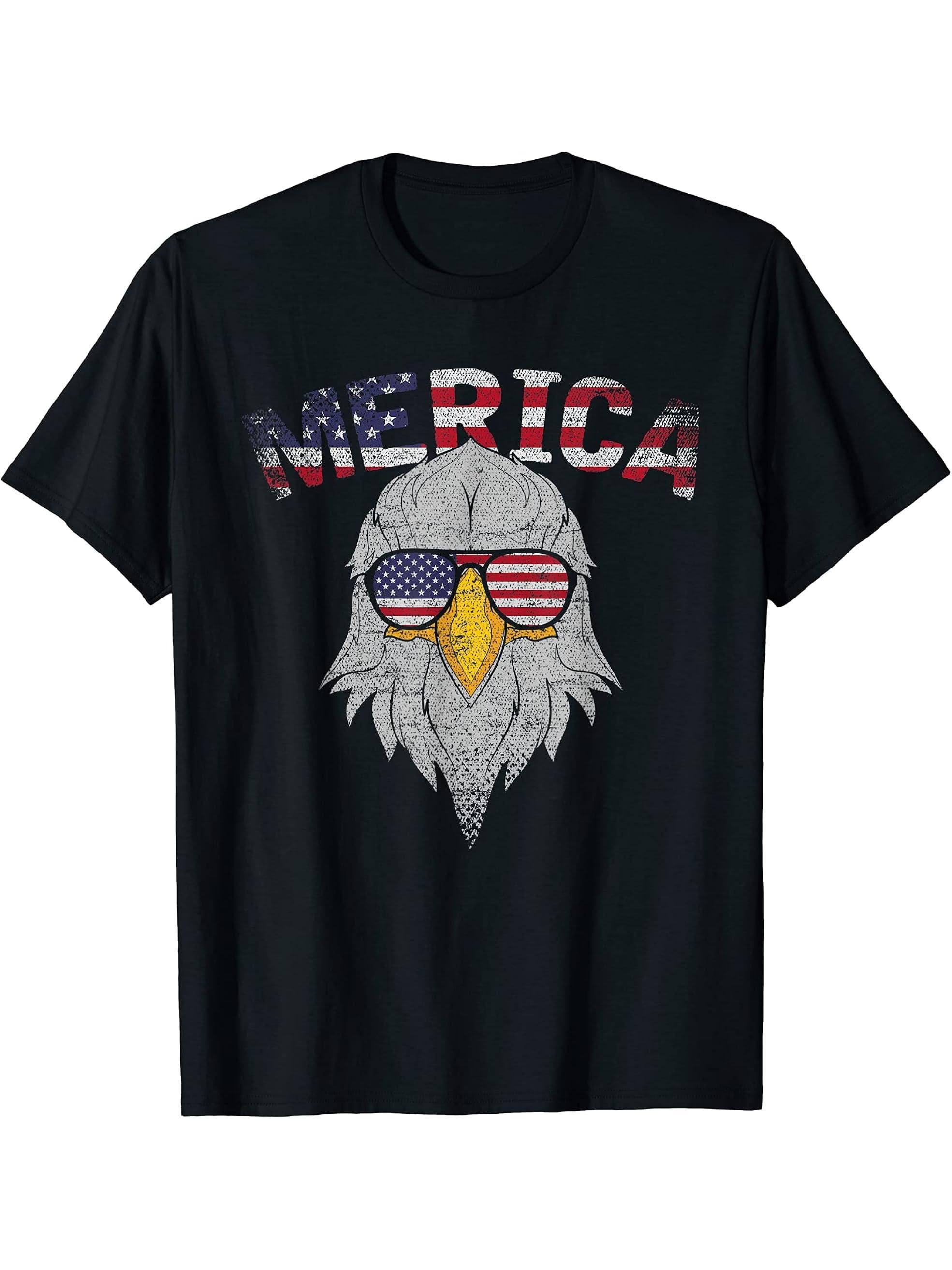 Merica USA Flag Pride Proud American Patriot Bald Eagle T-Shirt 180G 100% Cotton Printed Round Neck Short-Sleeve T-Shirt, Gifts for Men Dad Husband Grandpa, S-XXXL, Black