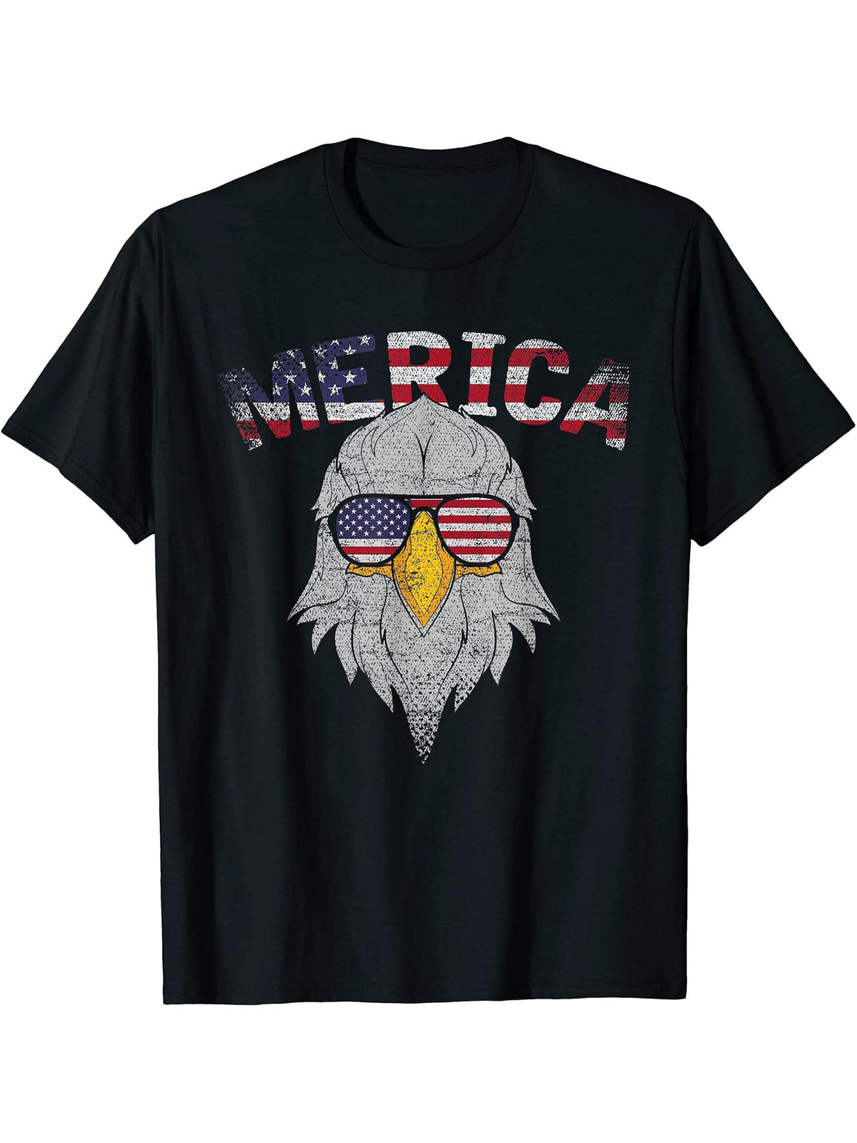 Merica USA Flag Pride Proud American Patriot Bald Eagle T-Shirt 180G 100% Cotton Printed Round Neck Short-Sleeve T-Shirt, Gifts for Men Dad Husband Grandpa, S-XXXL, Black