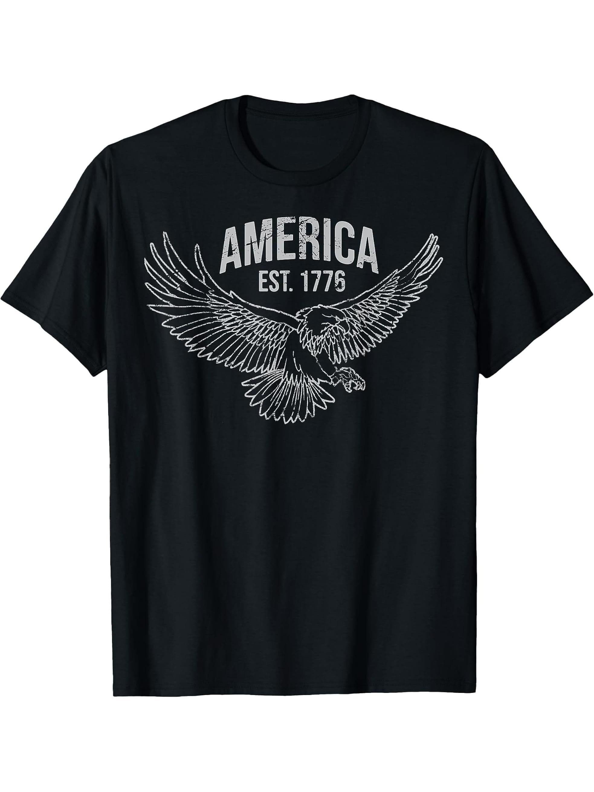 America Established 1776 Bald Eagle T-Shirt 180G 100% Cotton Printed Round Neck Short-Sleeve T-Shirt, Gifts for Men Dad Husband Grandpa, S-XXXL, Black
