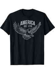 America Established 1776 Bald Eagle T-Shirt 180G 100% Cotton Printed Round Neck Short-Sleeve T-Shirt, Gifts for Men Dad Husband Grandpa, S-XXXL, Black