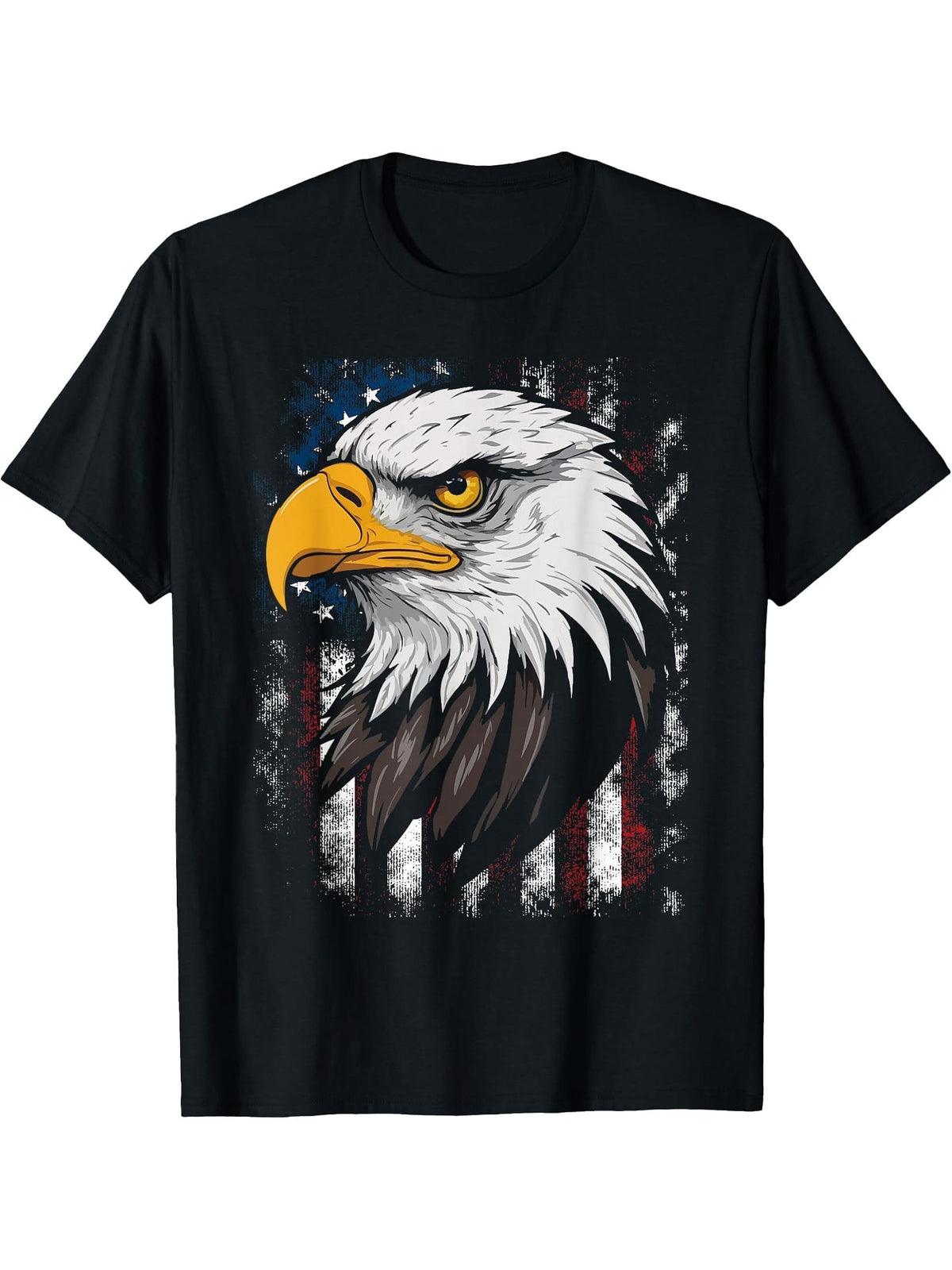 Bald Eagle Proud Patriotic American US Flag 4th Of July T-Shirt 180G 100% Cotton Printed Round Neck Short-Sleeve T-Shirt, Gifts for Men Dad Husband Grandpa, S-XXXL, Black