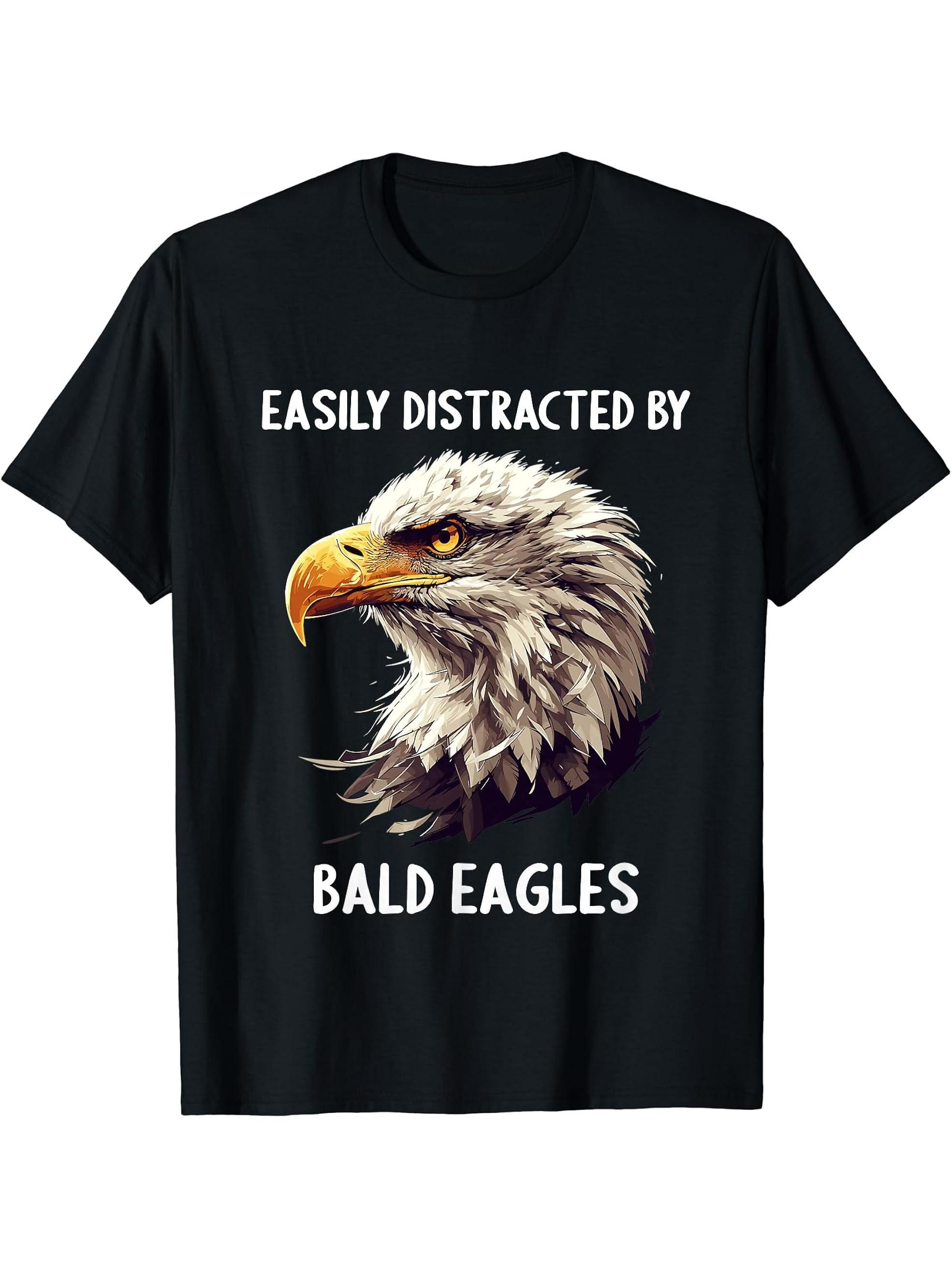 Easily distracted by Bald Eagles Bald Eagle T-Shirt 180G 100% Cotton Printed Round Neck Short-Sleeve T-Shirt, Gifts for Men Dad Husband Grandpa, S-XXXL, Black