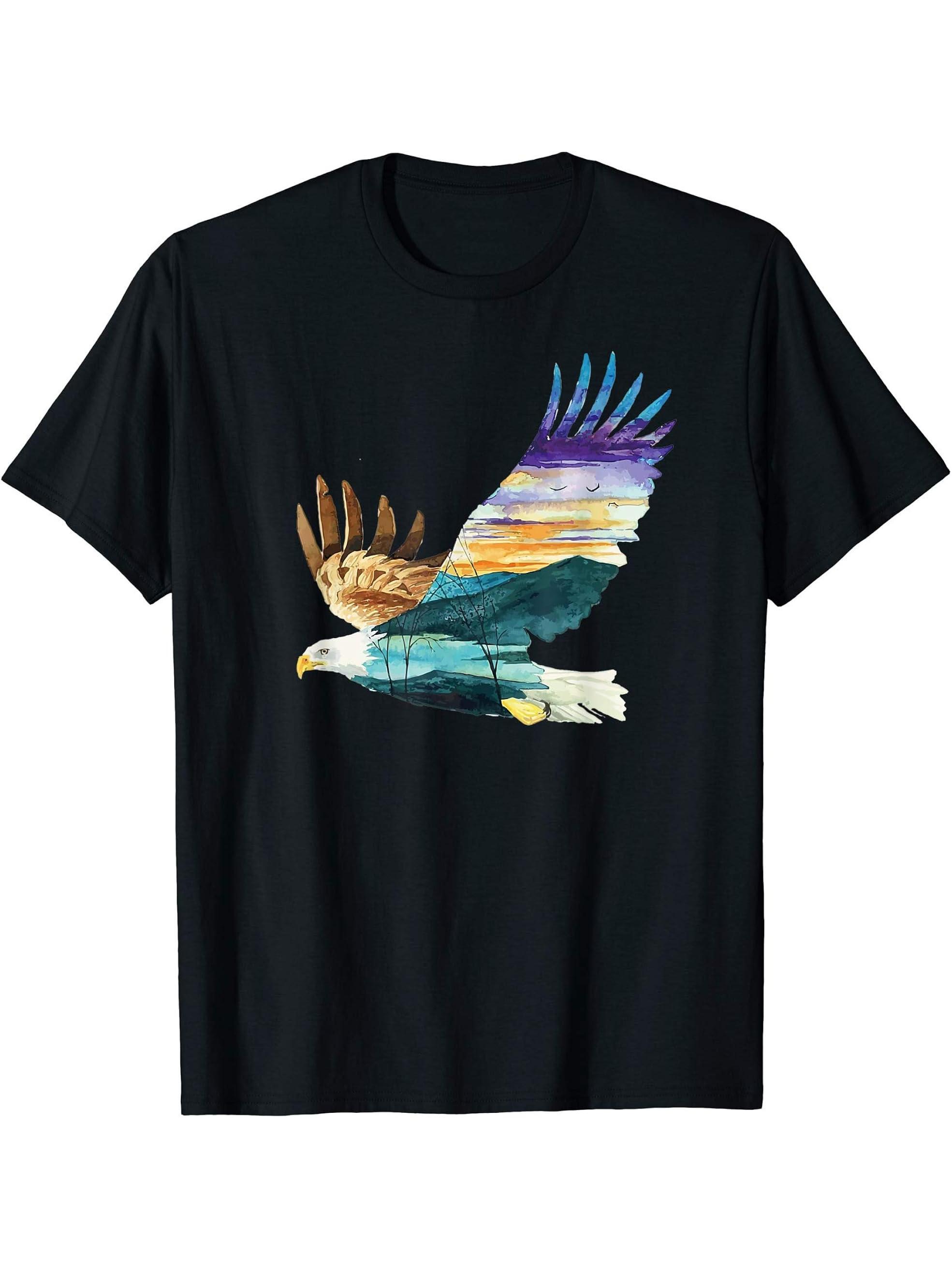 Flying Bald Eagle Mountain Sky Scenary Silhouette T-Shirt 180G 100% Cotton Printed Round Neck Short-Sleeve T-Shirt, Gifts for Men Dad Husband Grandpa, S-XXXL, Black