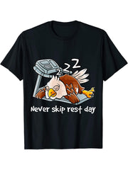 Never Skip Rest Day Gym Workout Cardio Sleeping Bald Eagle T-Shirt 180G 100% Cotton Printed Round Neck Short-Sleeve T-Shirt, Gifts for Men Dad Husband Grandpa, S-XXXL, Black