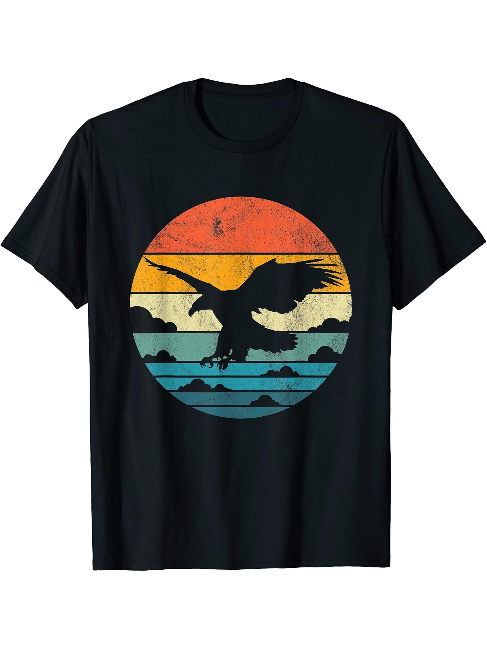 Retro Style Flying Bald Eagle Vintage Sunset T-Shirt 180G 100% Cotton Printed Round Neck Short-Sleeve T-Shirt, Gifts for Men Dad Husband Grandpa, S-XXXL, Black