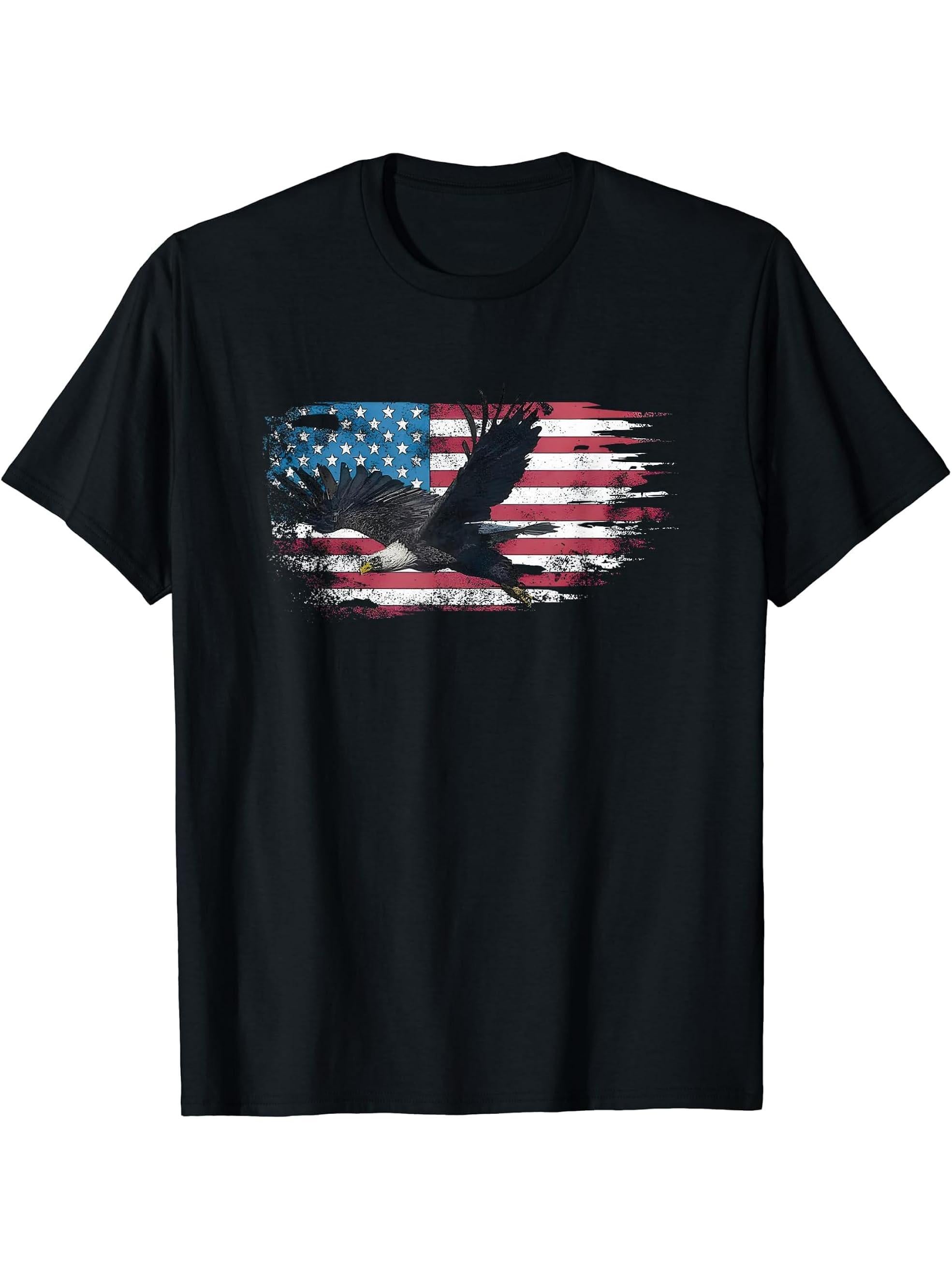 american flag bald eagle T-Shirt 180G 100% Cotton Printed Round Neck Short-Sleeve T-Shirt, Gifts for Men Dad Husband Grandpa, S-XXXL, Black