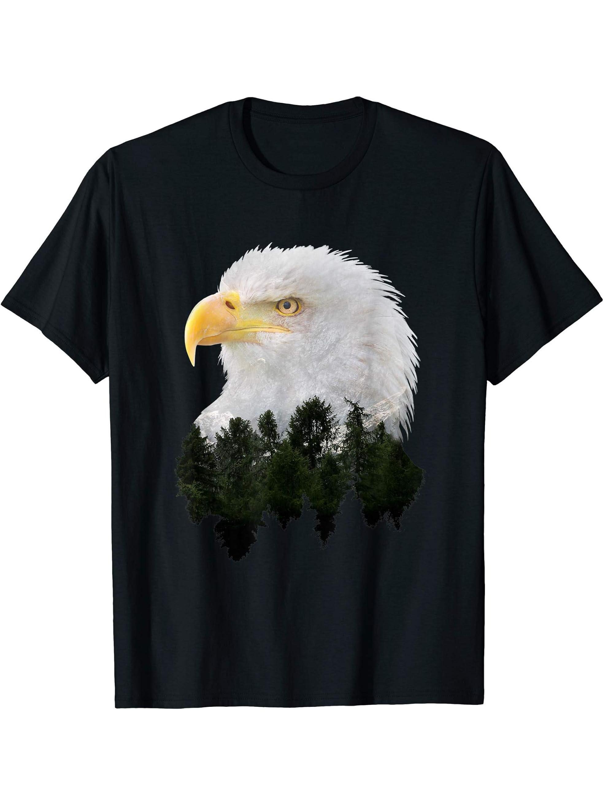 American Bald Eagle Double Exposure T-Shirt 180G 100% Cotton Printed Round Neck Short-Sleeve T-Shirt, Gifts for Men Dad Husband Grandpa, S-XXXL, Black