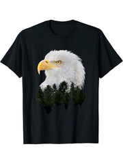 American Bald Eagle Double Exposure T-Shirt 180G 100% Cotton Printed Round Neck Short-Sleeve T-Shirt, Gifts for Men Dad Husband Grandpa, S-XXXL, Black