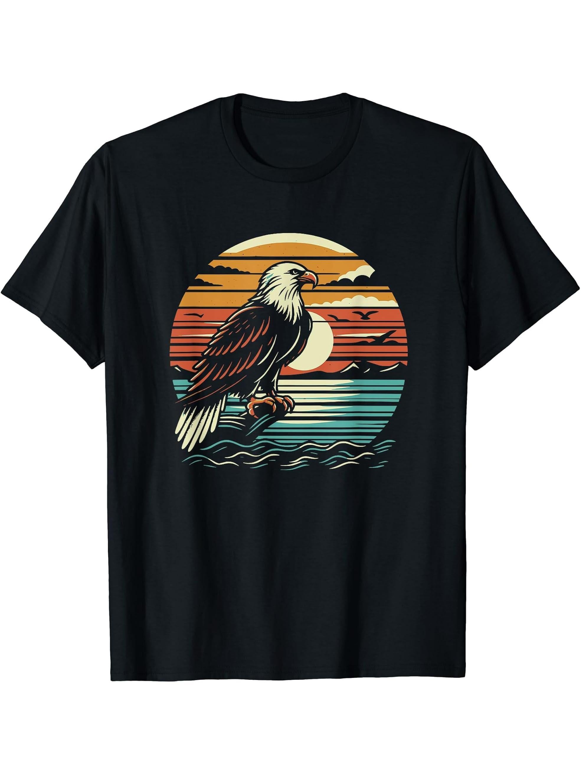 Retro Sunset Bald Eagle Graphic Art Design T-Shirt 180G 100% Cotton Printed Round Neck Short-Sleeve T-Shirt, Gifts for Men Dad Husband Grandpa, S-XXXL, Black