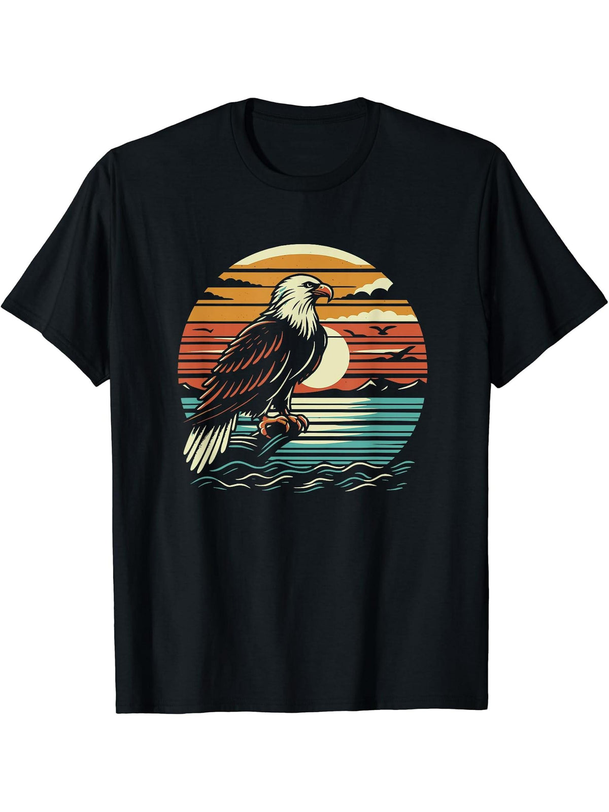 Retro Sunset Bald Eagle Graphic Art Design T-Shirt 180G 100% Cotton Printed Round Neck Short-Sleeve T-Shirt, Gifts for Men Dad Husband Grandpa, S-XXXL, Black