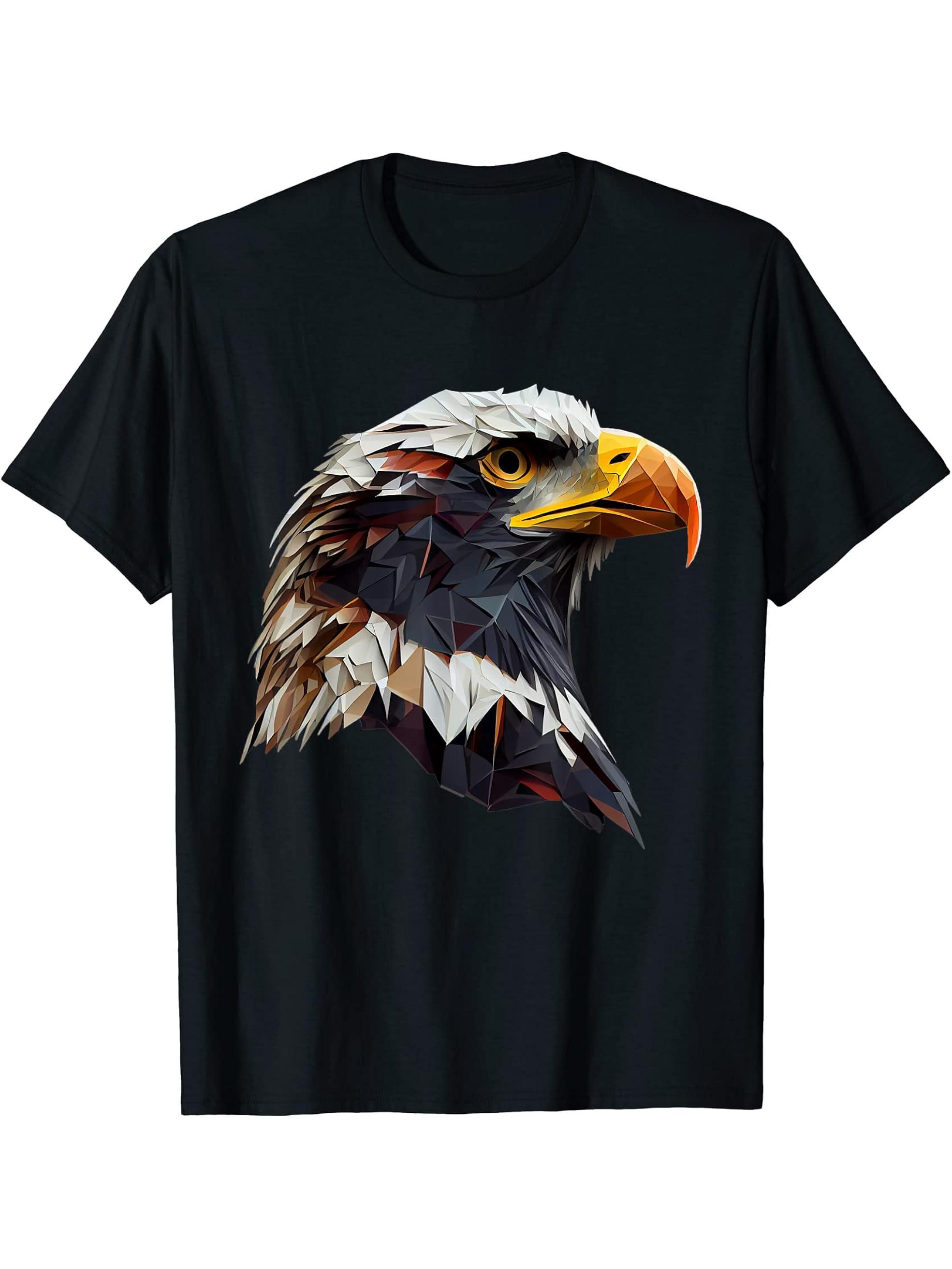 Bald Eagles Cool Polygon Design with a Bald Eagle T-Shirt 180G 100% Cotton Printed Round Neck Short-Sleeve T-Shirt, Gifts for Men Dad Husband Grandpa, S-XXXL, Black