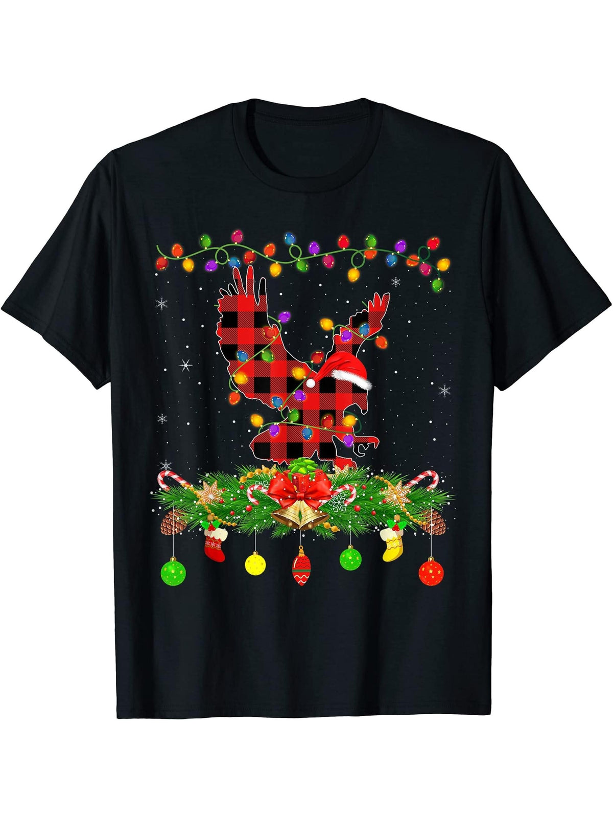 Funny Matching Buffalo Plaid Bald Eagle Christmas Pajama T-Shirt 180G 100% Cotton Printed Round Neck Short-Sleeve T-Shirt, Gifts for Men Dad Husband Grandpa, S-XXXL, Black