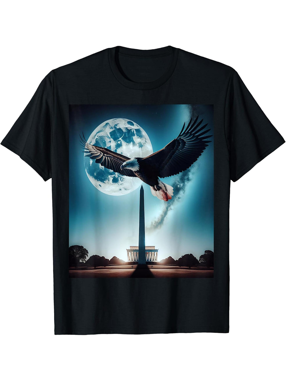 Bald Eagle Over American Landmark T-Shirt 180G 100% Cotton Printed Round Neck Short-Sleeve T-Shirt, Gifts for Men Dad Husband Grandpa, S-XXXL, Black