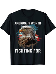 America is Worth Fighting For American Bald Eagle USA Flag T-Shirt 180G 100% Cotton Printed Round Neck Short-Sleeve T-Shirt, Gifts for Men Dad Husband Grandpa, S-XXXL, Black