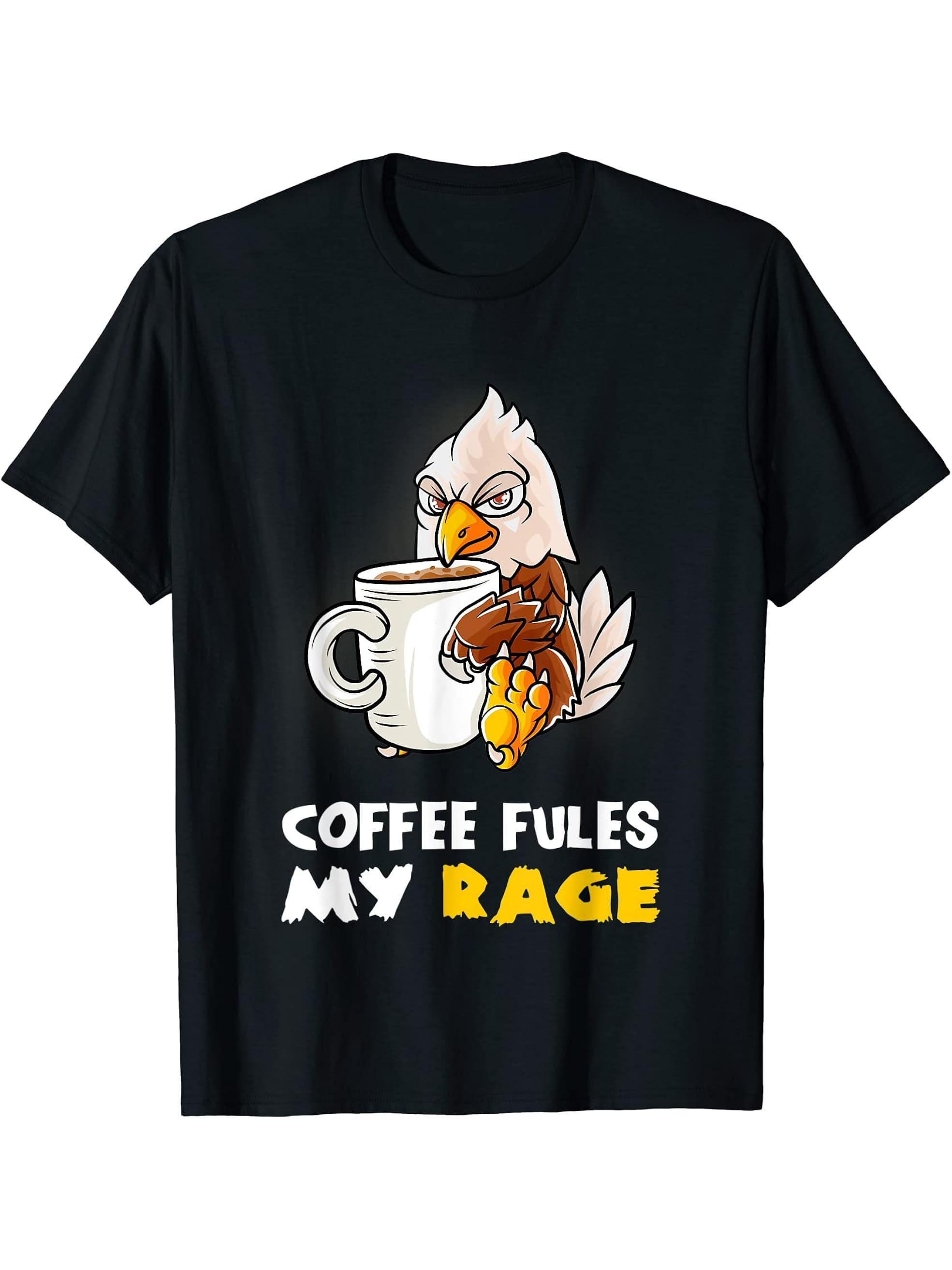 Coffee Fules My Rage In My Mug Caffeine American Bald Eagle T-Shirt 180G 100% Cotton Printed Round Neck Short-Sleeve T-Shirt, Gifts for Men Dad Husband Grandpa, S-XXXL, Black