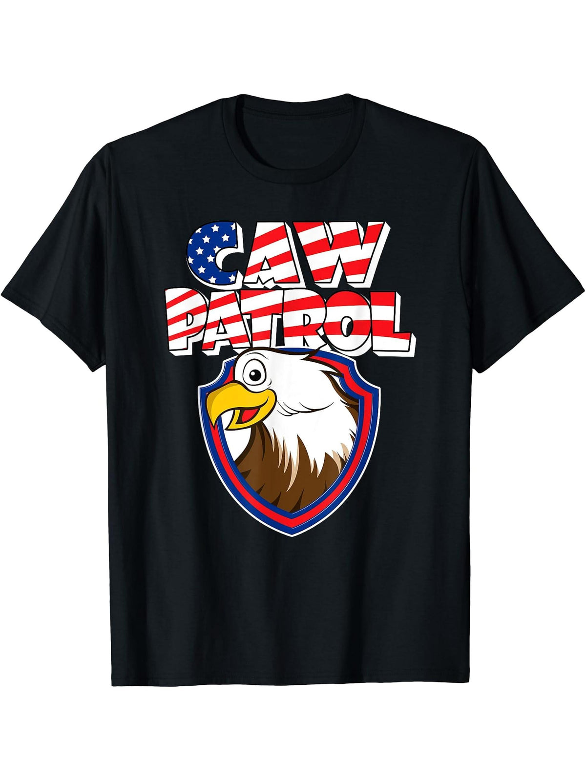 Caw Patrol tshirt Bald Eagle American Red White Blue Flag 180G 100% Cotton Printed Round Neck Short-Sleeve T-Shirt, Gifts for Men Dad Husband Grandpa, S-XXXL, Black